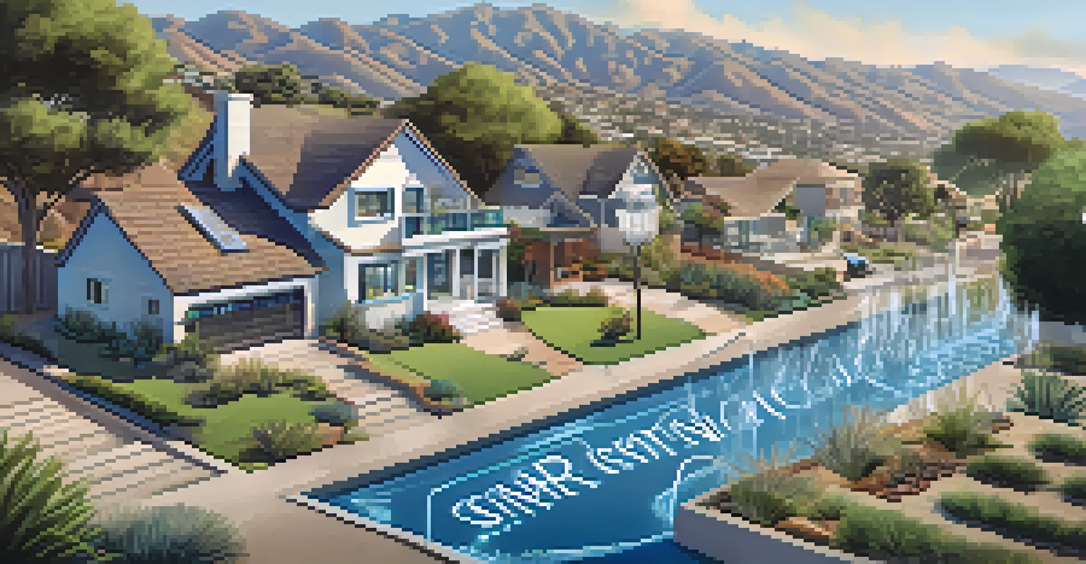 An infographic representation of water conservation technologies in Malibu, featuring smart irrigation, a mobile app, and water recycling systems.