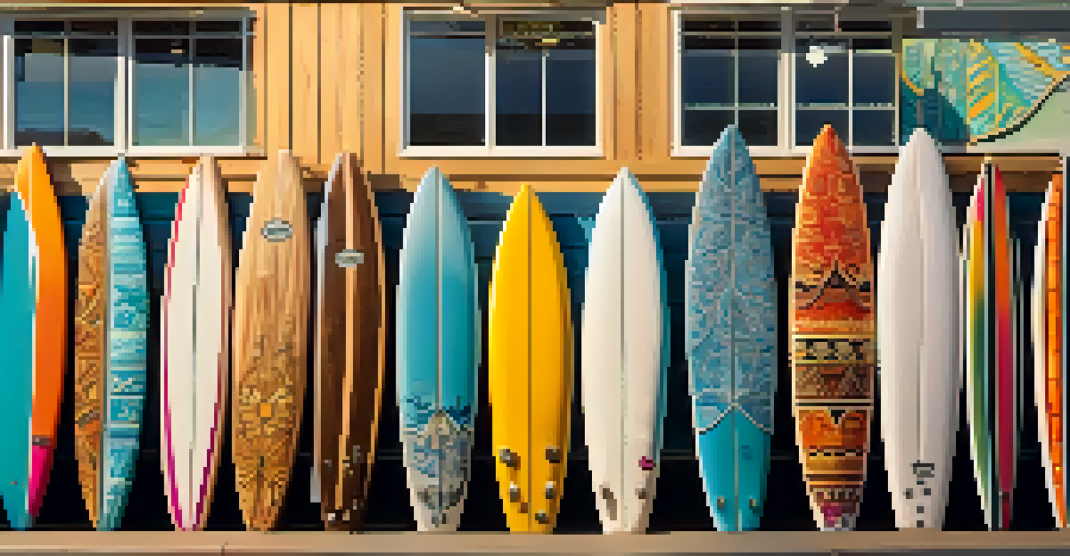 A close-up of a colorful surfboard with intricate designs displayed in a surf shop, with crafting tools in the background.