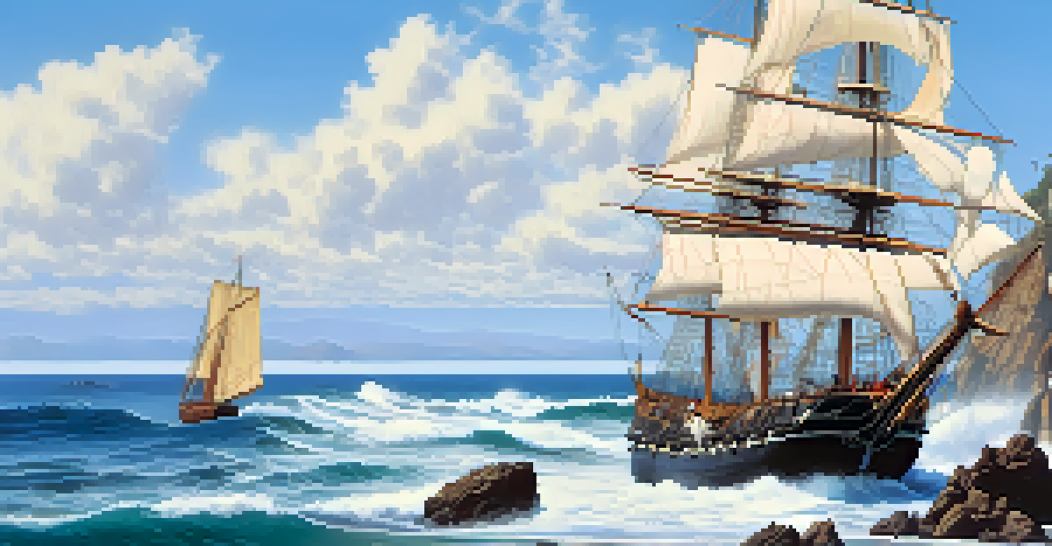 European explorers on a sailing ship charting the rugged Malibu coastline with maps and instruments.