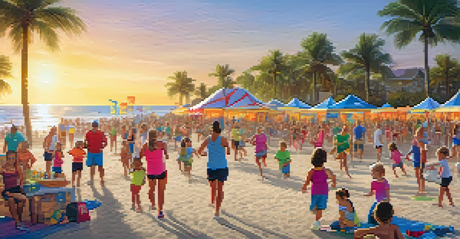 Families participating in a fitness event on the beach, with children and parents running a relay race and enjoying the sunset.