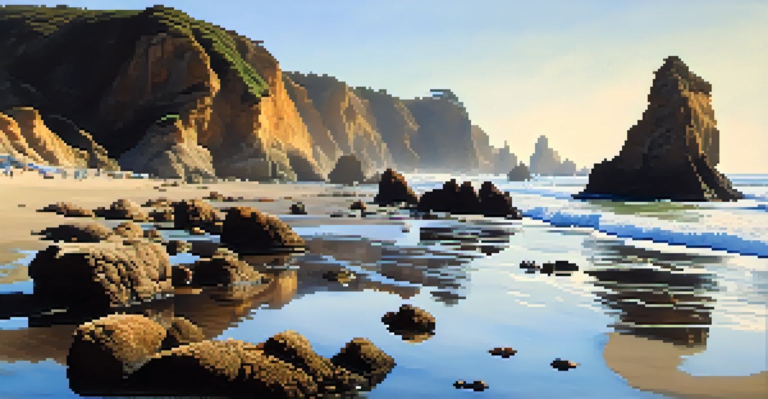 A scenic view of El Matador State Beach with sea stacks and tide pools under a clear blue sky.