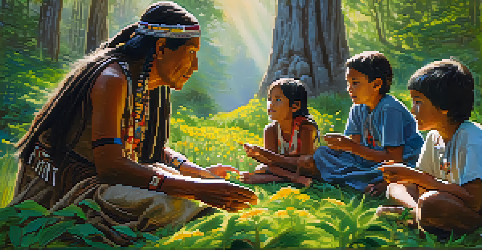 A Chumash elder instructing children about their language in a green forest, with symbols carved into a tree.
