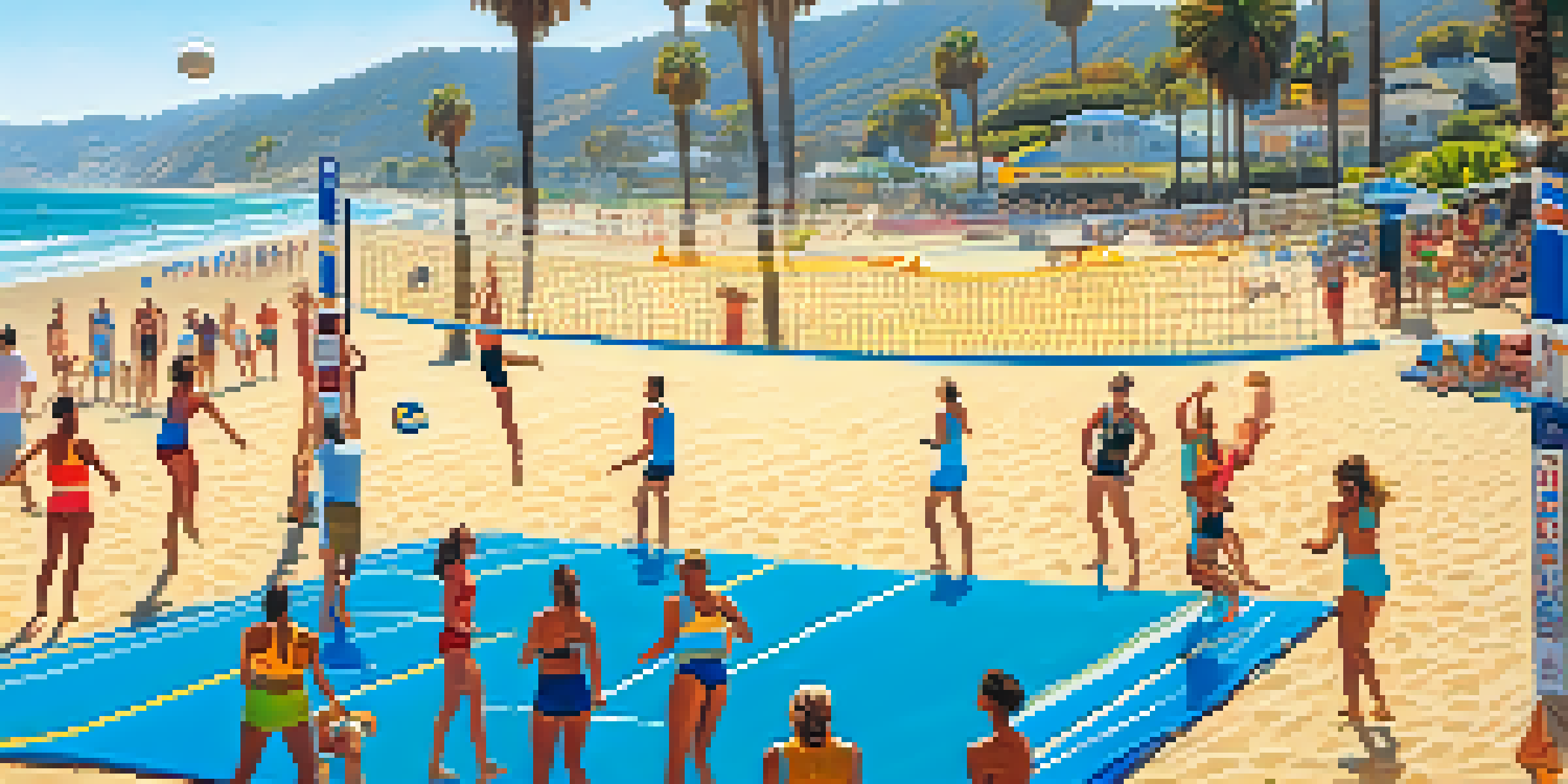 A sunny beach in Malibu with players engaged in a beach volleyball game, surrounded by palm trees and cheering spectators.