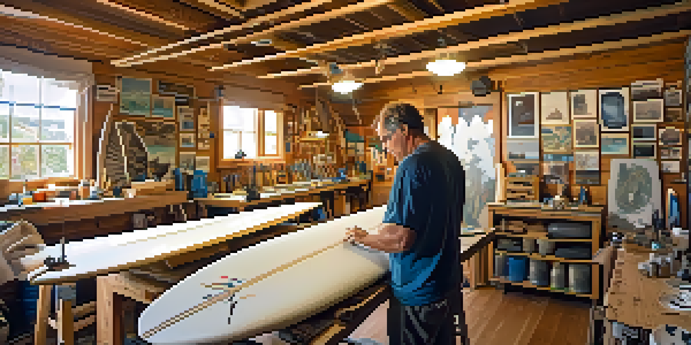 A surfboard shaper in a workshop, shaping a surfboard blank with tools and colorful surfboard designs around.