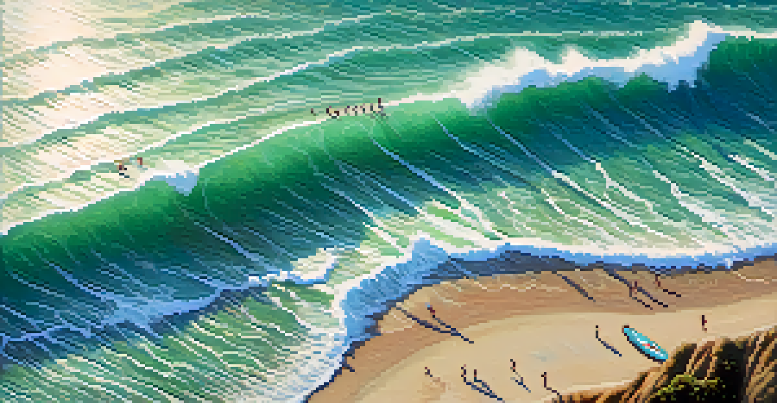 Aerial view of a family enjoying a surfing lesson in Malibu with smiles, turquoise waters, and sandy beaches visible.