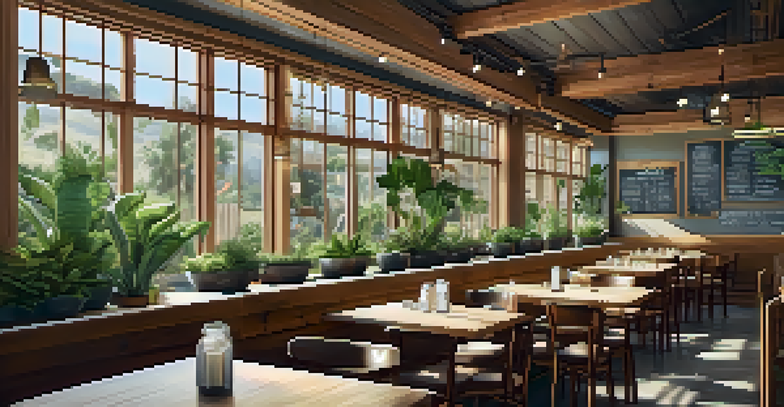 An eco-friendly restaurant in Malibu with diners enjoying meals, wooden decor, and indoor plants.