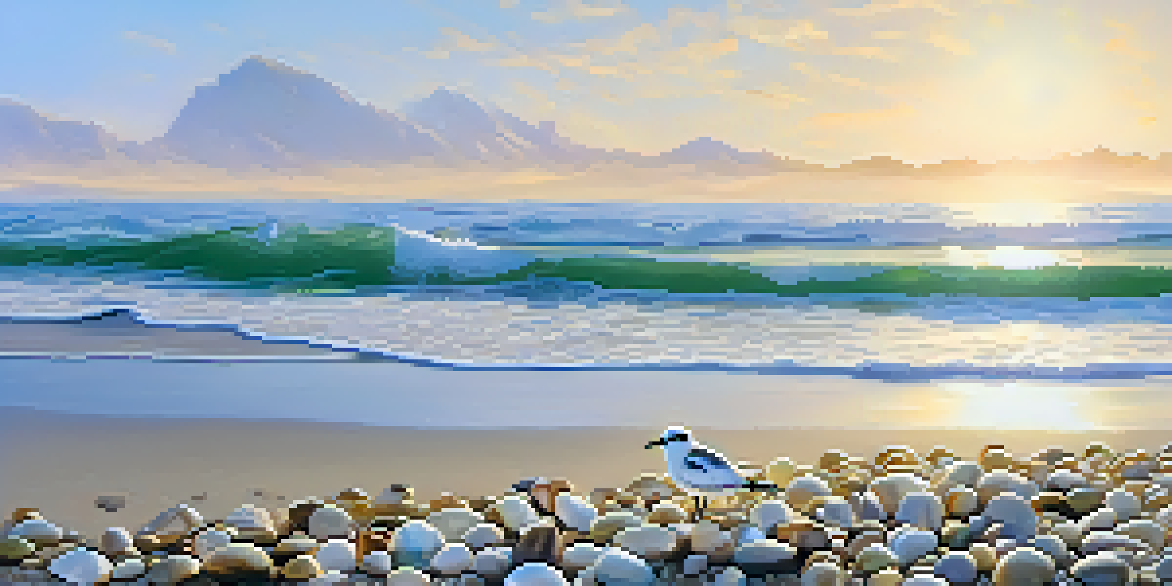A peaceful sunrise beach scene in Malibu with a Western Snowy Plover walking on the shore, surrounded by seashells and pebbles, and green hills in the background.