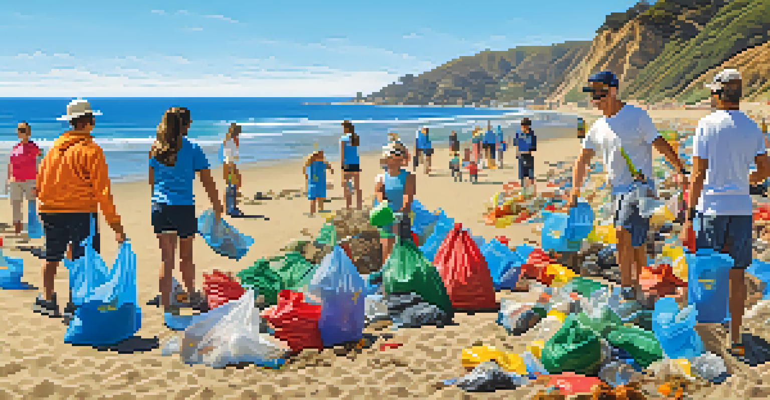 Volunteers of various ages participating in a beach clean-up event in Malibu, collecting litter along the sandy shore.