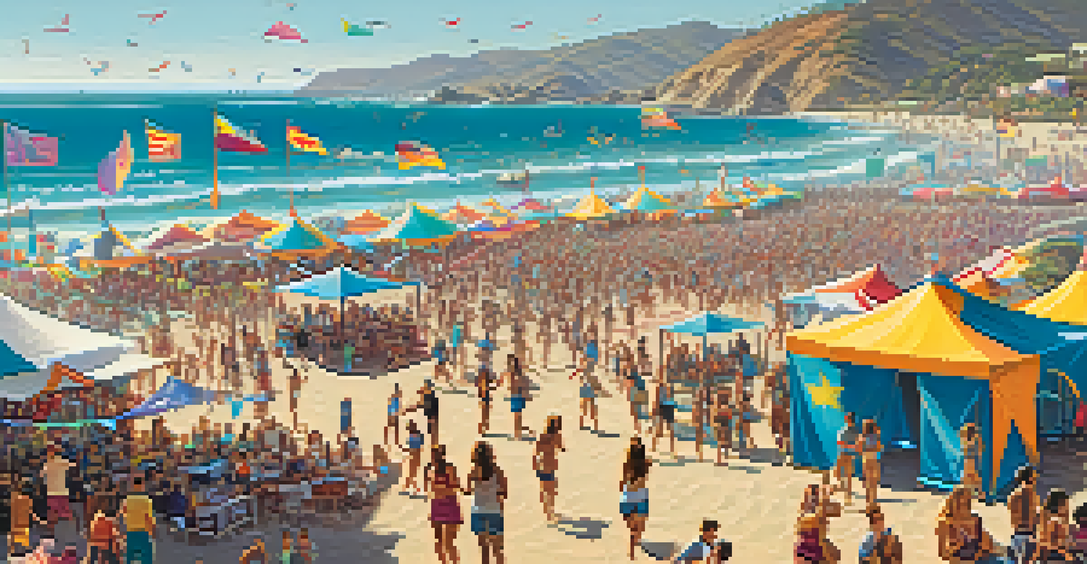 A lively beach music festival in Malibu with colorful tents, dancing people, and a stage with ocean waves behind.