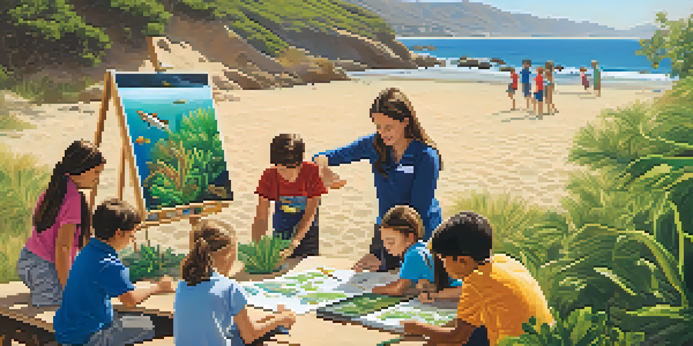 Children engaged in an outdoor classroom activity, learning about plants and marine life under the sun in Malibu.