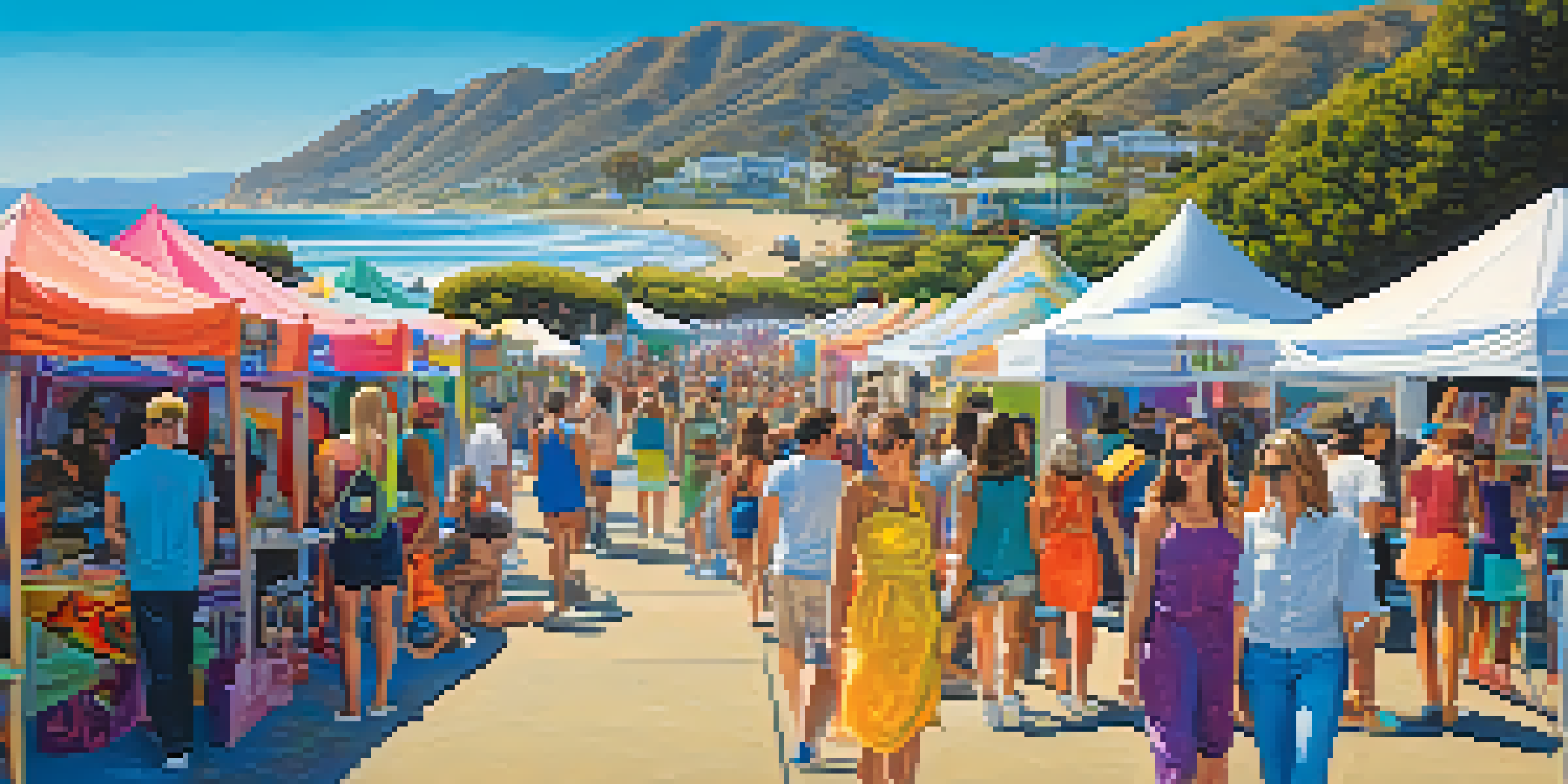 A lively community art festival in Malibu with artists displaying colorful artworks and people interacting in a vibrant atmosphere, with the coastline in the background.