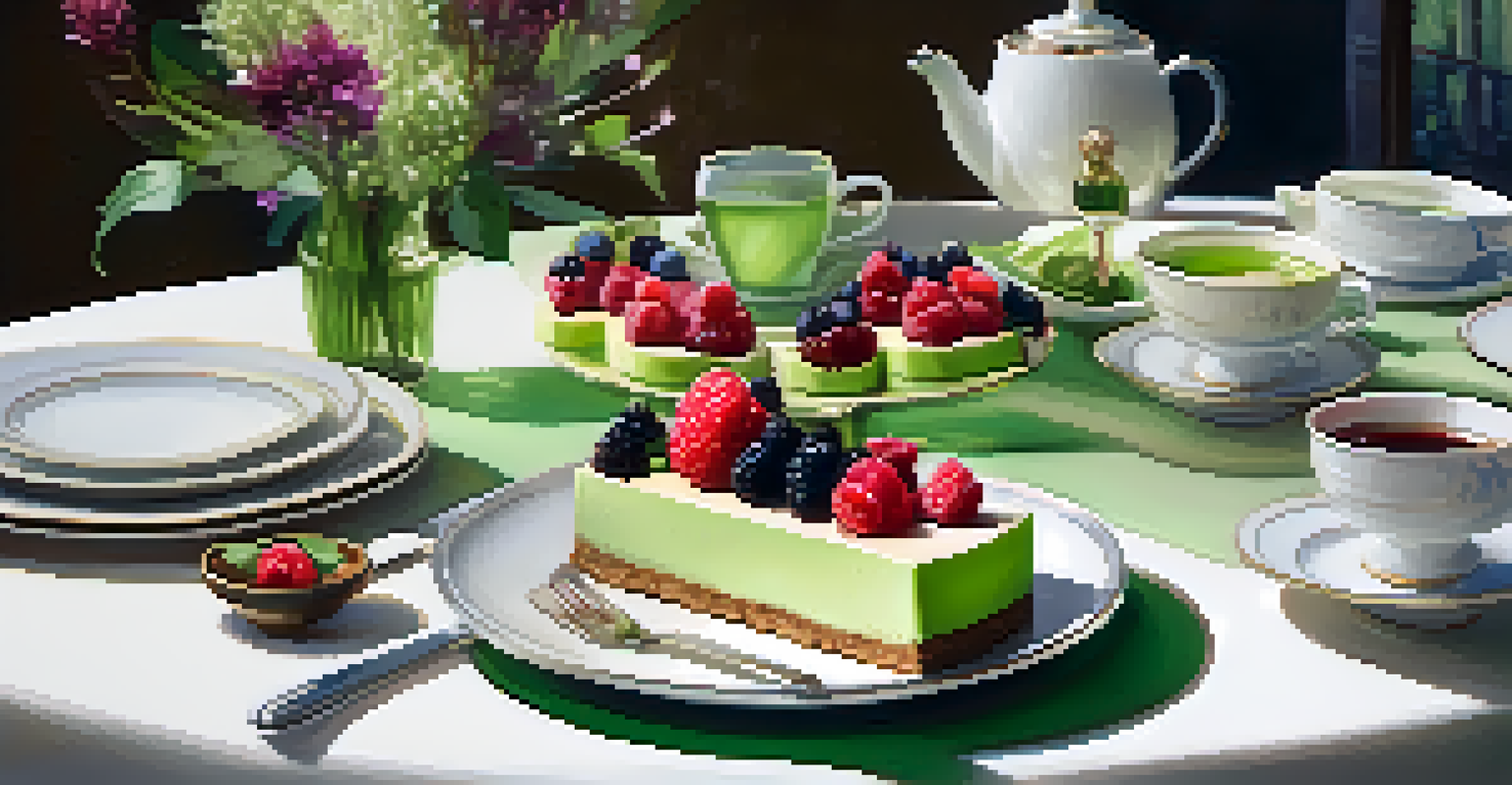 A gourmet dessert table showcasing a green tea cheesecake with fresh berries, elegantly displayed with fine china and floral decorations.