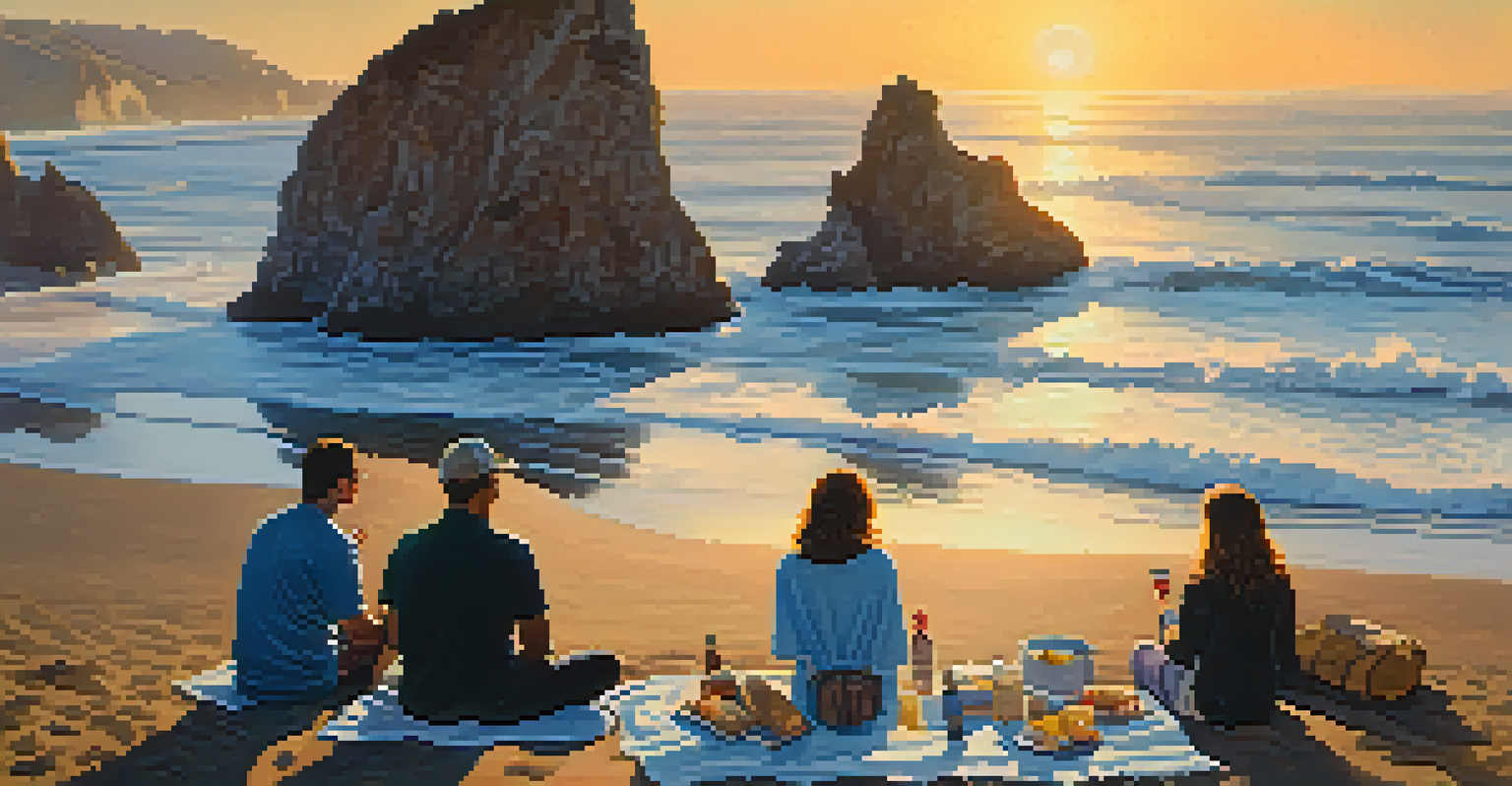 A couple having a romantic picnic on the beach with sea stacks and a sunset.