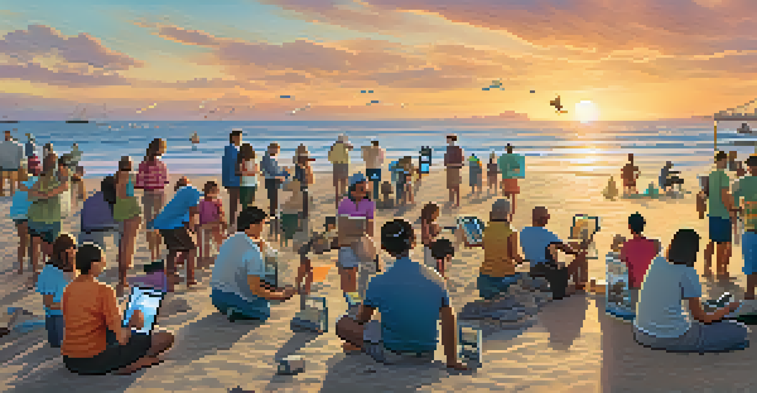 A diverse group of people on a beach using mobile devices for citizen science, with a sunset backdrop.