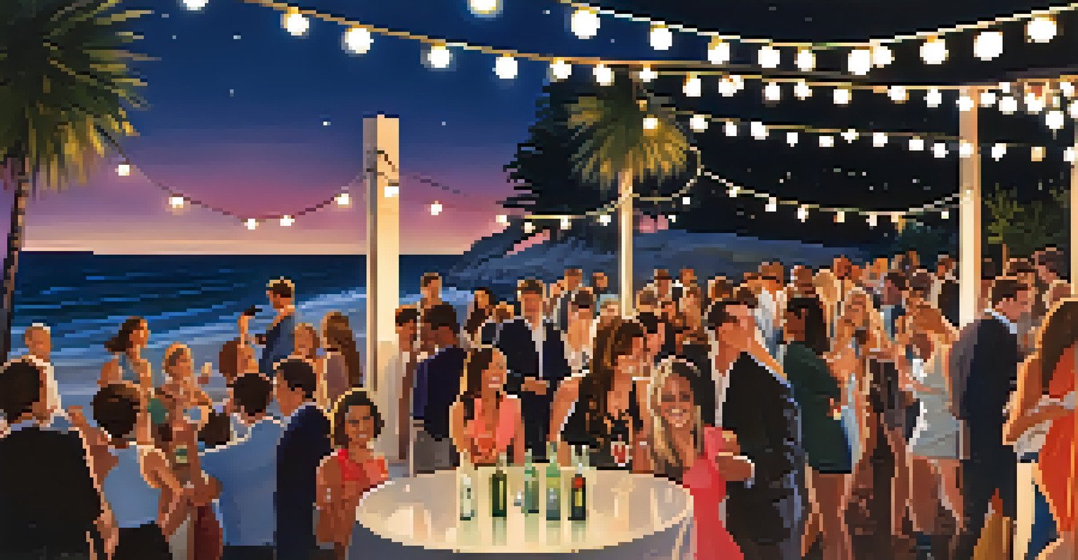 Outdoor patio of Malibu Beach House filled with dancing guests and colorful lighting.
