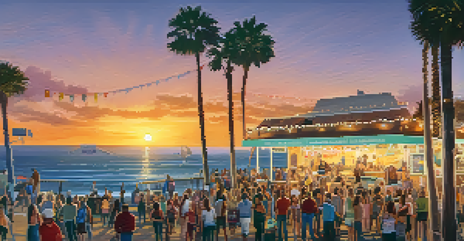 A vibrant pop-up concert at the Malibu Pier, with a crowd enjoying music and food trucks in the background.