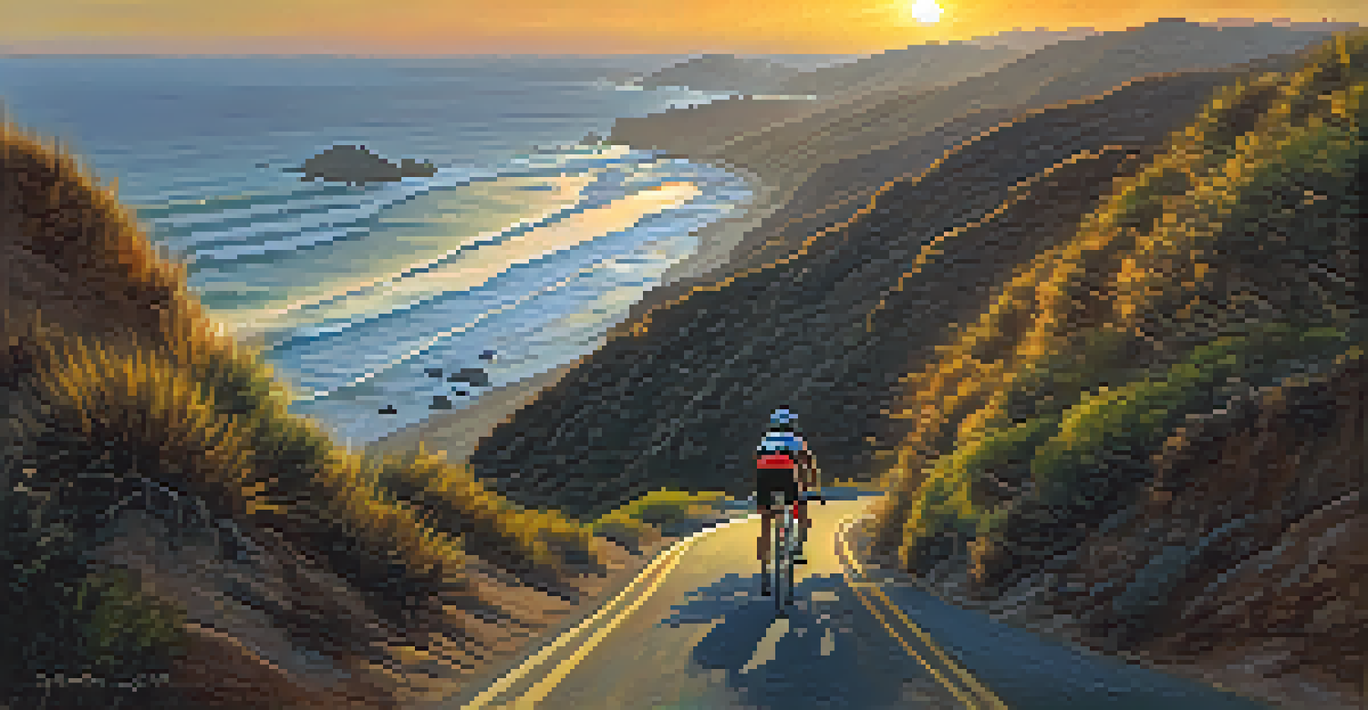 A cyclist on the Pacific Coast Highway during sunset, with ocean and mountain views.