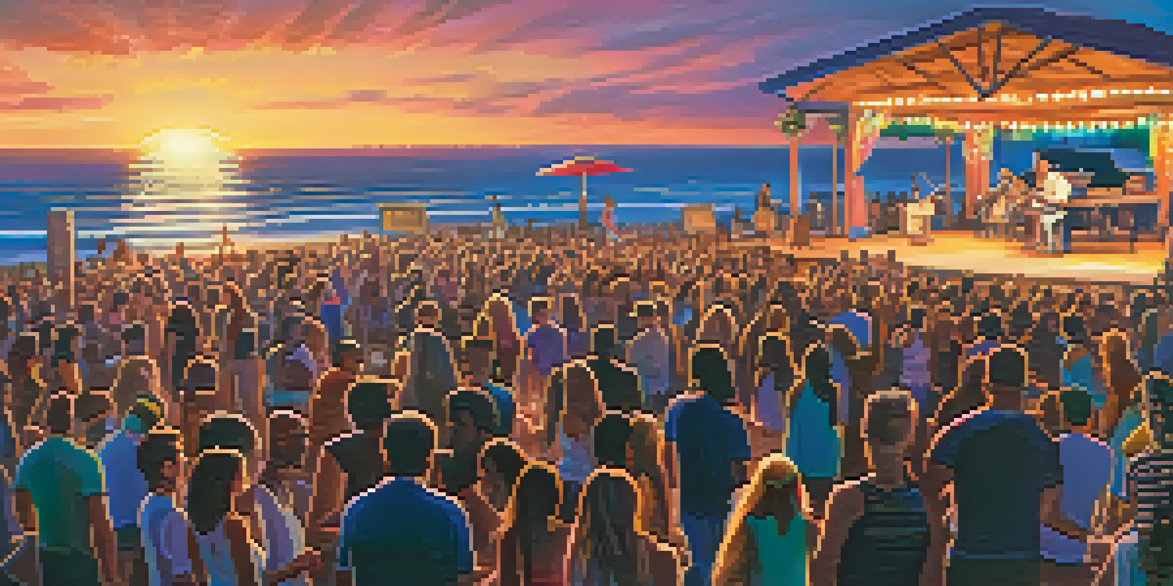 A lively outdoor concert in Malibu at sunset with a crowd dancing and a local band performing, against the backdrop of the ocean.
