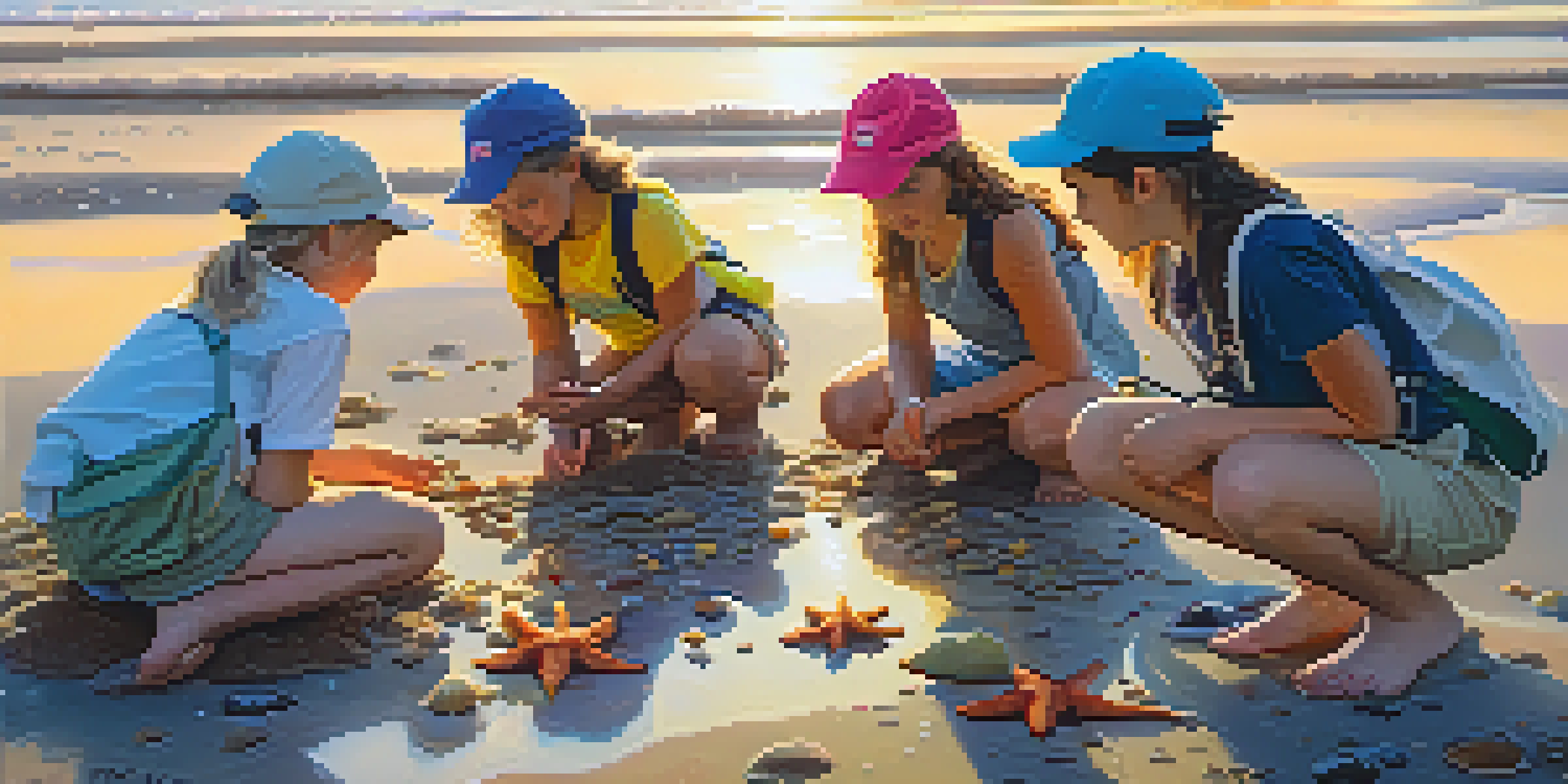 A group of students exploring a tide pool, observing marine life like starfish and anemones under soft sunlight.