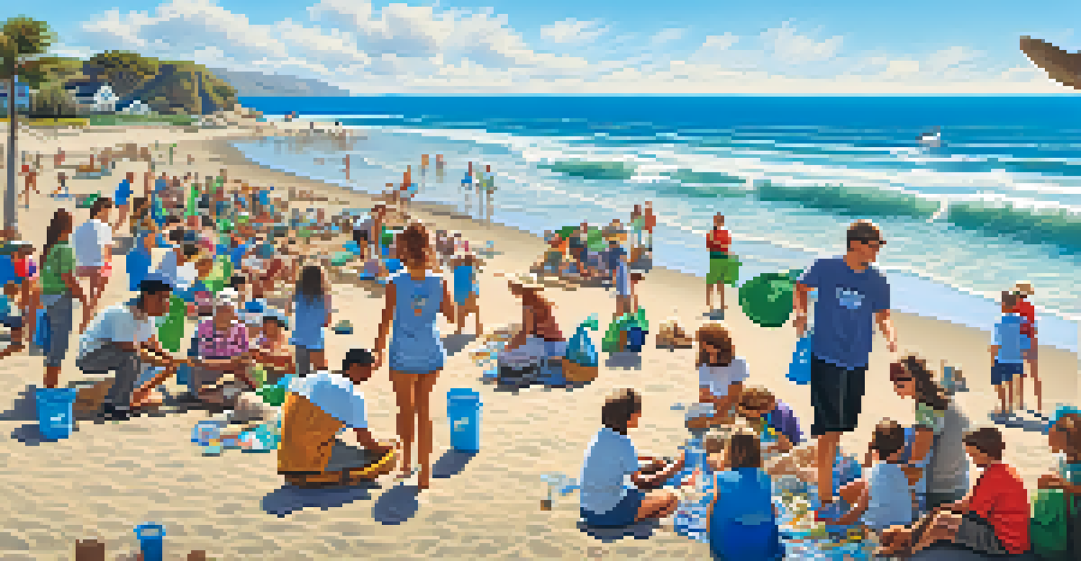 A lively community cleanup event at Malibu beach with families and friends working together.