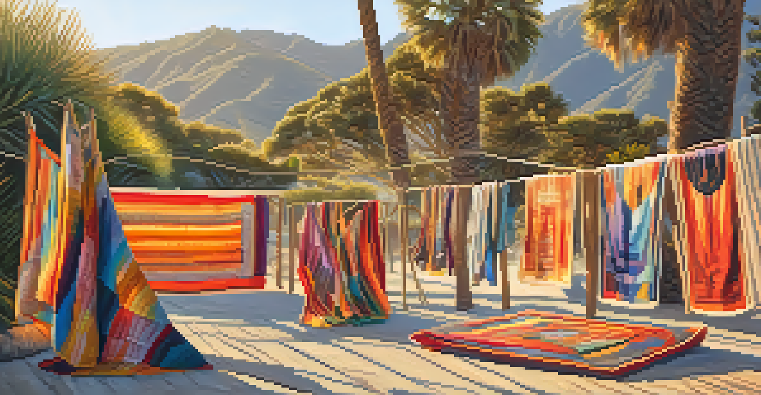 An outdoor exhibition showcasing textile art with colorful quilts and fabric pieces displayed, visitors admiring the art as the sun sets in the background.
