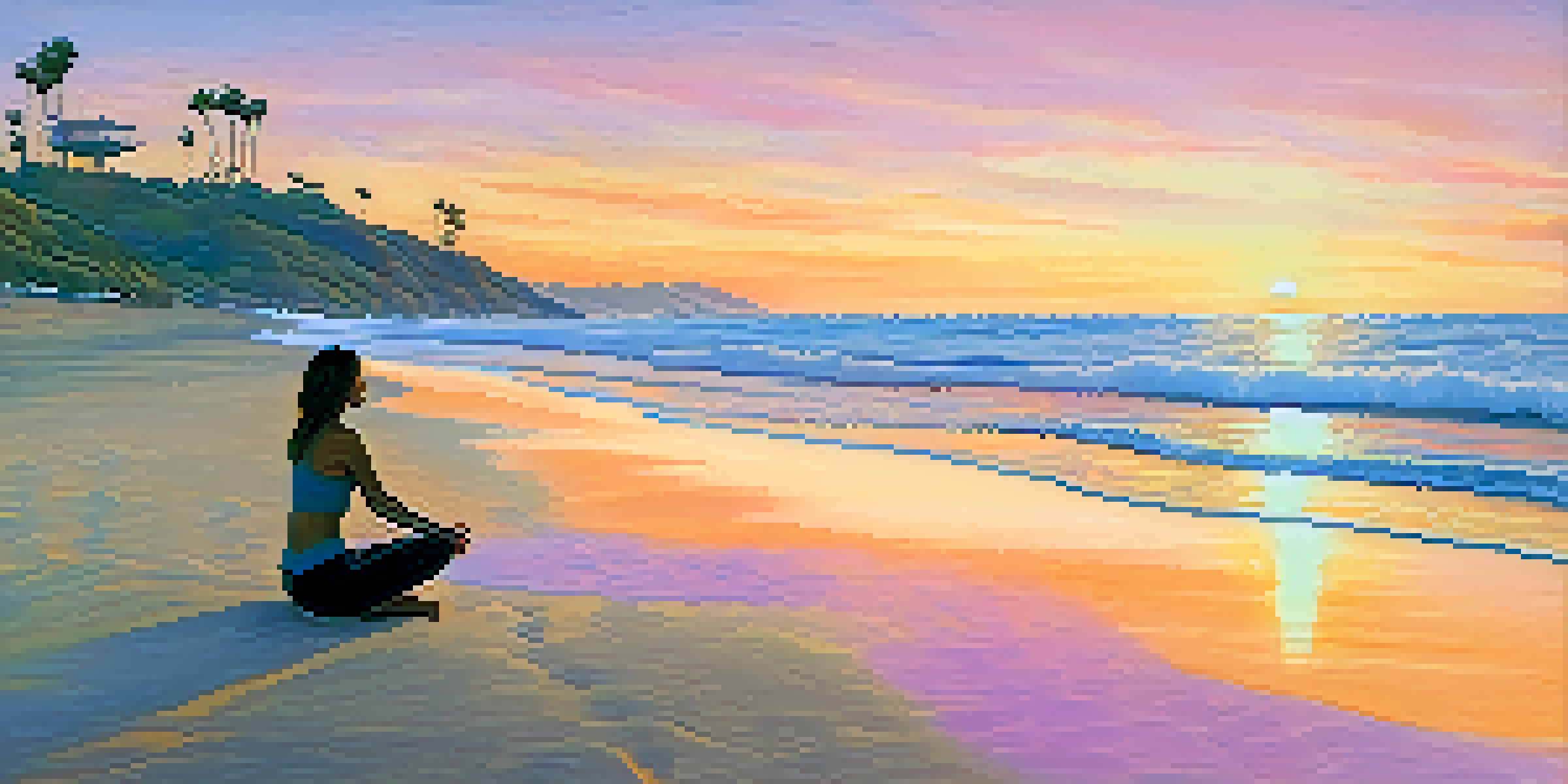 A yoga practitioner in a peaceful pose on the beach at sunset, with colorful sky and gentle waves.