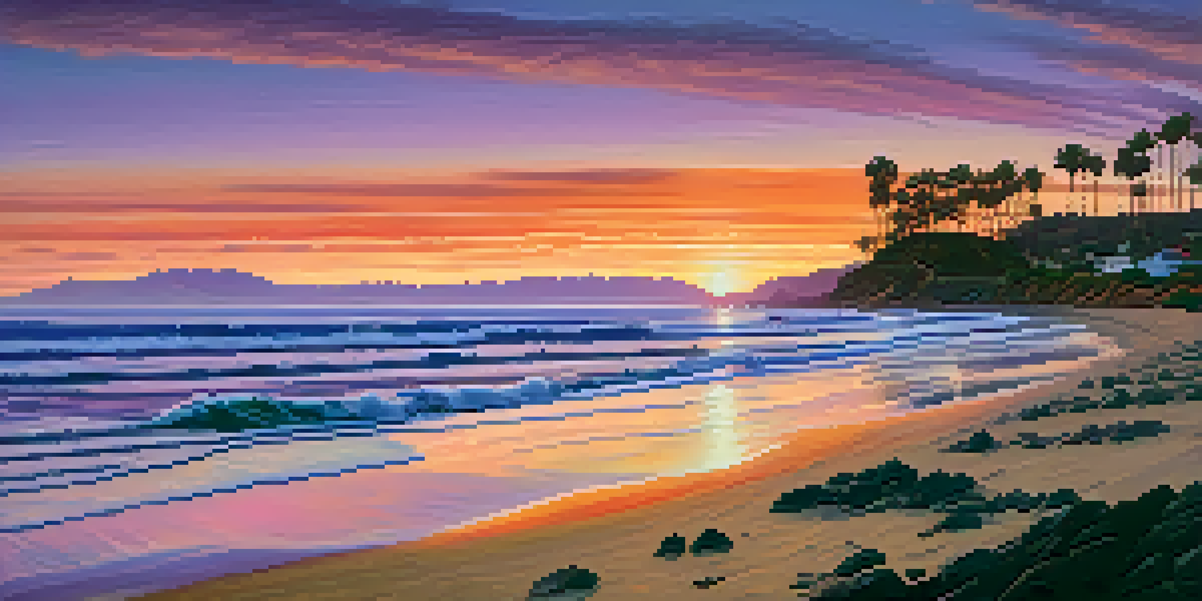 A wide view of Malibu's coastline at sunset with colorful skies and gentle waves on the beach.