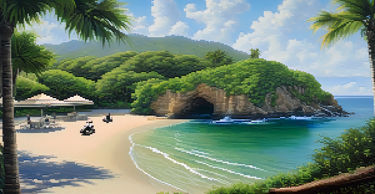 A tranquil scene of a jet skier in Paradise Cove, surrounded by greenery and a beachside café, with dolphins in the water.