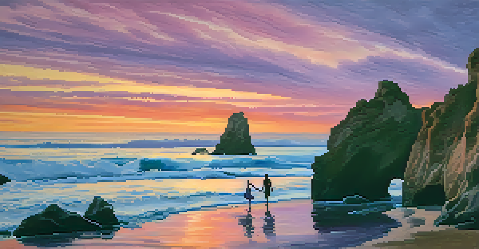 A sunset view of El Matador State Beach with rock formations and a couple having a picnic.