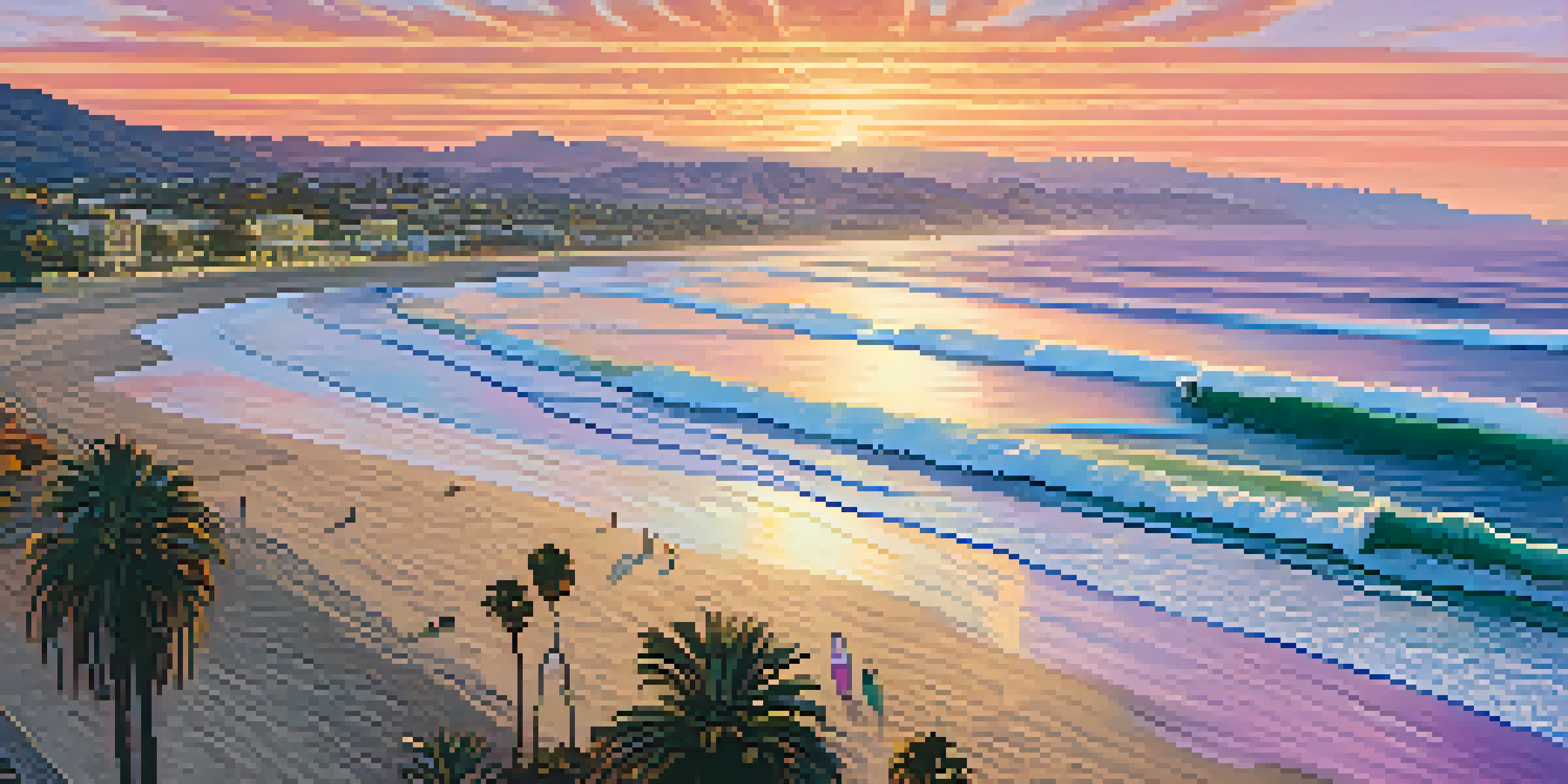 An aerial view of Surfrider Beach in Malibu during sunset, with surfers riding waves and a colorful sky.