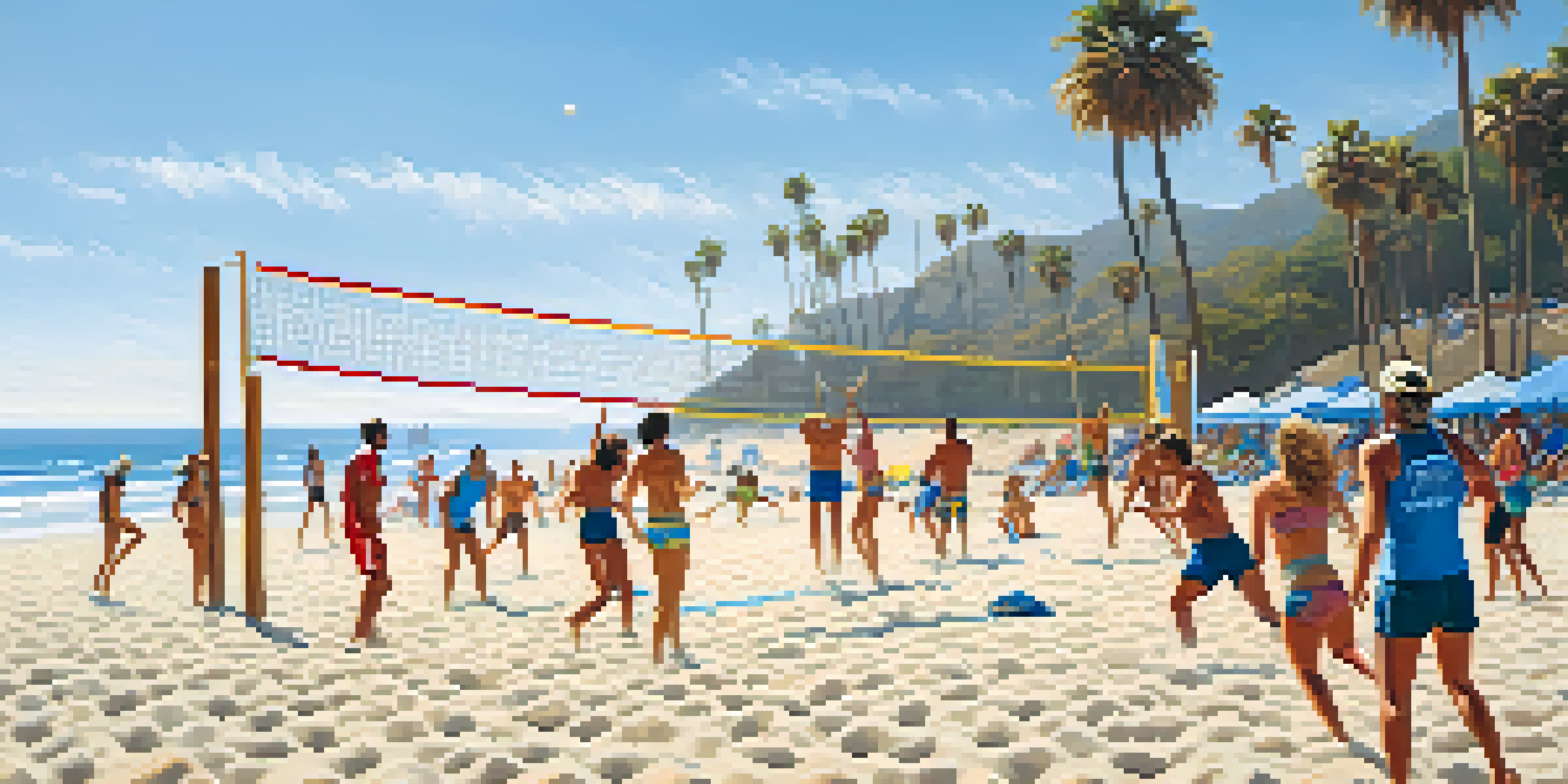 A lively beach scene at Zuma Beach with people playing volleyball against a backdrop of blue skies and ocean waves.