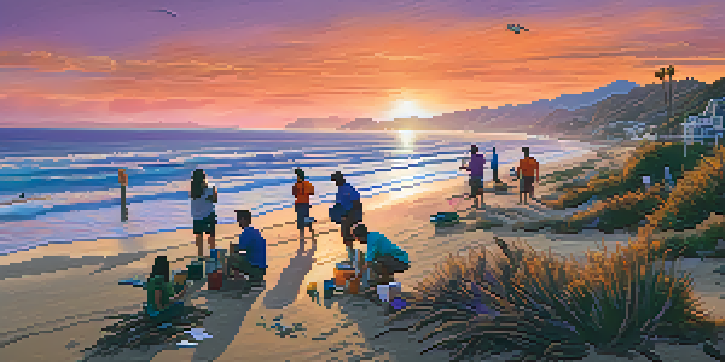 A picturesque sunset over Malibu's coastline, with volunteers cleaning the beach and restoring the area.