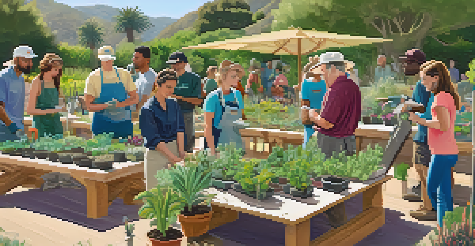 A gardening workshop in a community garden with a teacher showing techniques to participants, surrounded by blooming plants and gardening tools.