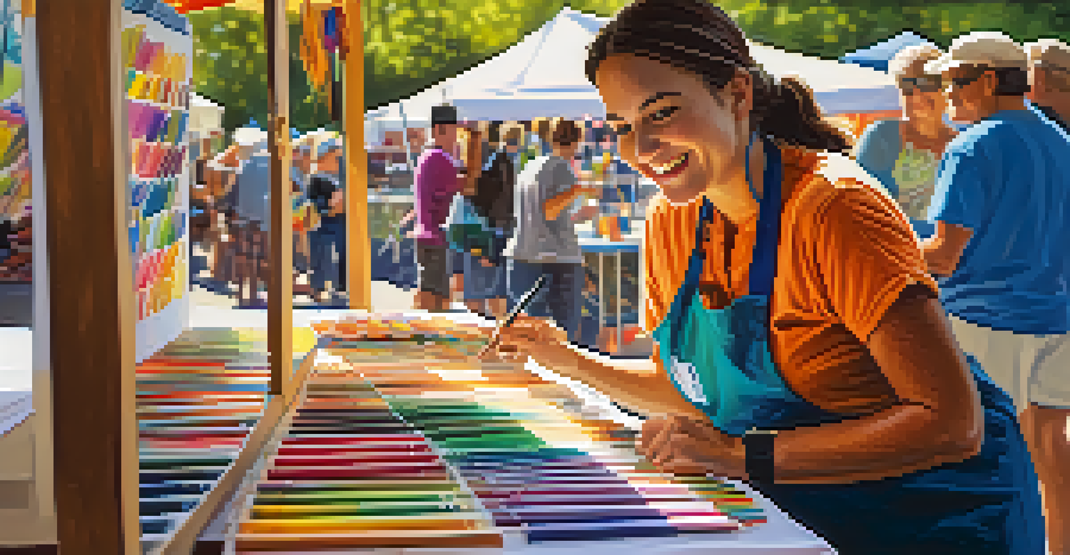 A cheerful volunteer organizing a booth at an art festival, surrounded by colorful decorations and art supplies.
