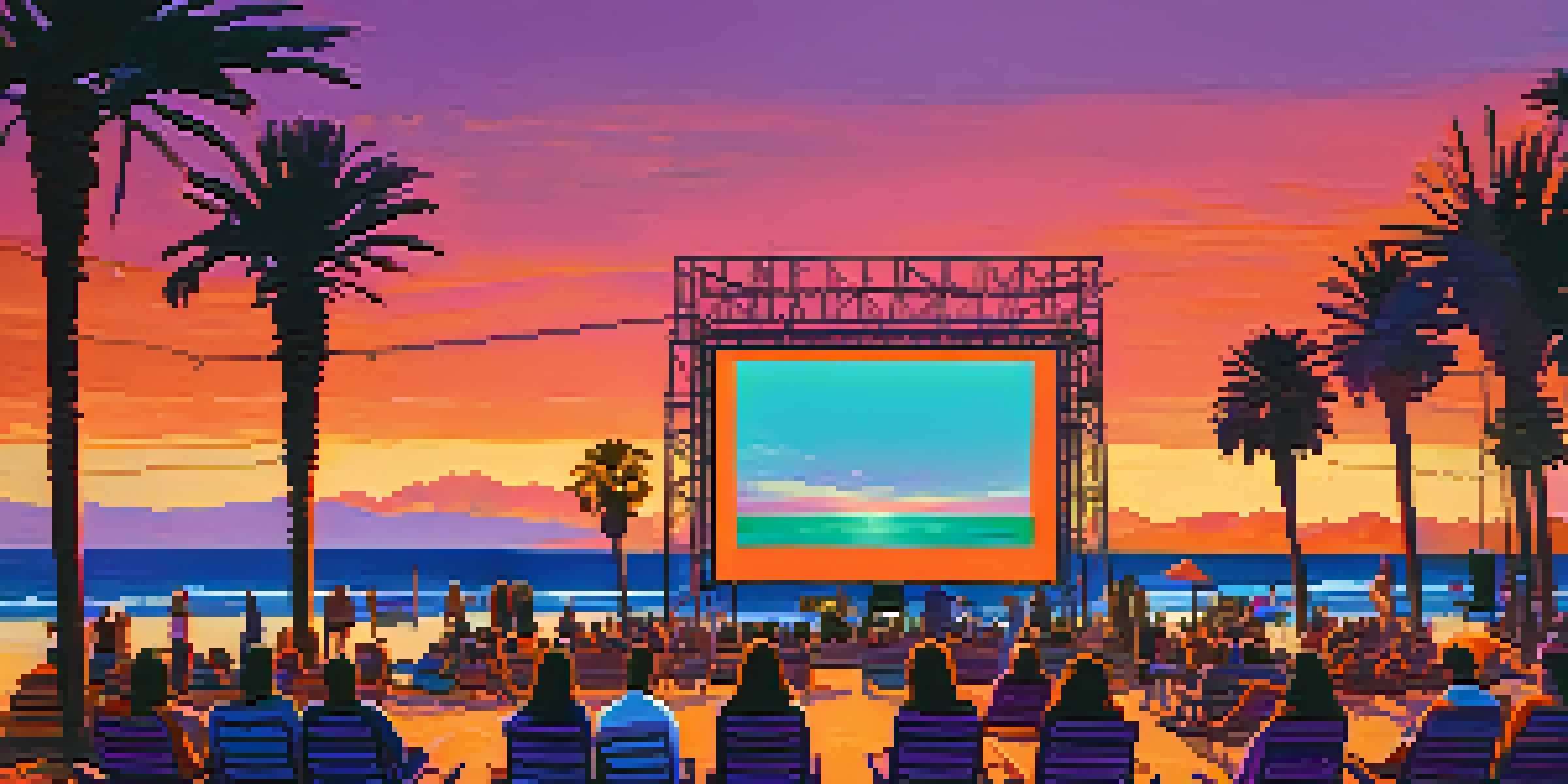 A lively outdoor film festival on the beach in Malibu during sunset, with people watching a film on a large screen surrounded by colorful lights and palm trees.