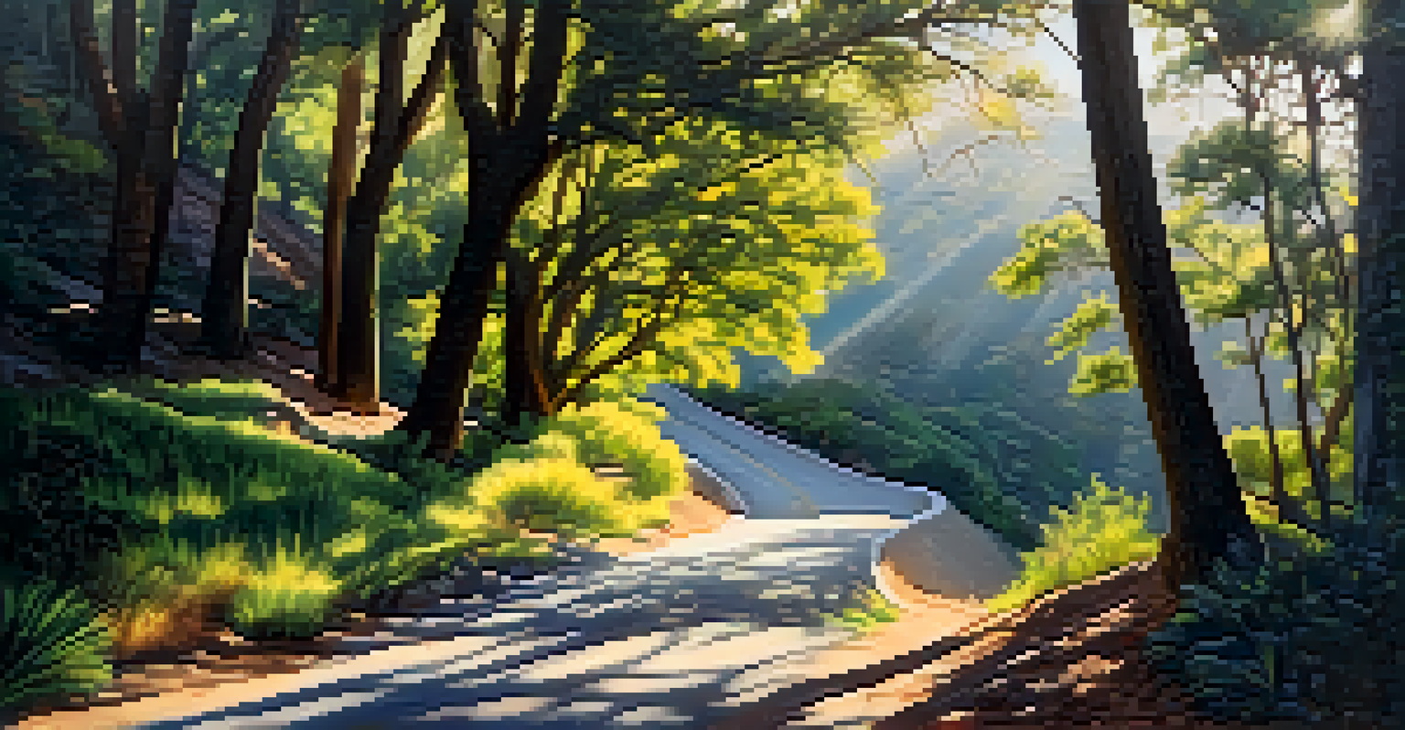 A peaceful view of Encinal Canyon Road lined with trees and sunlight filtering through the leaves.