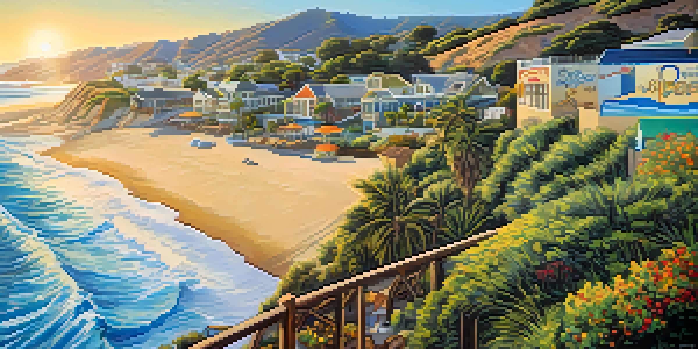A colorful mural of the Malibu coastline with waves, sand, and local wildlife under a bright blue sky.