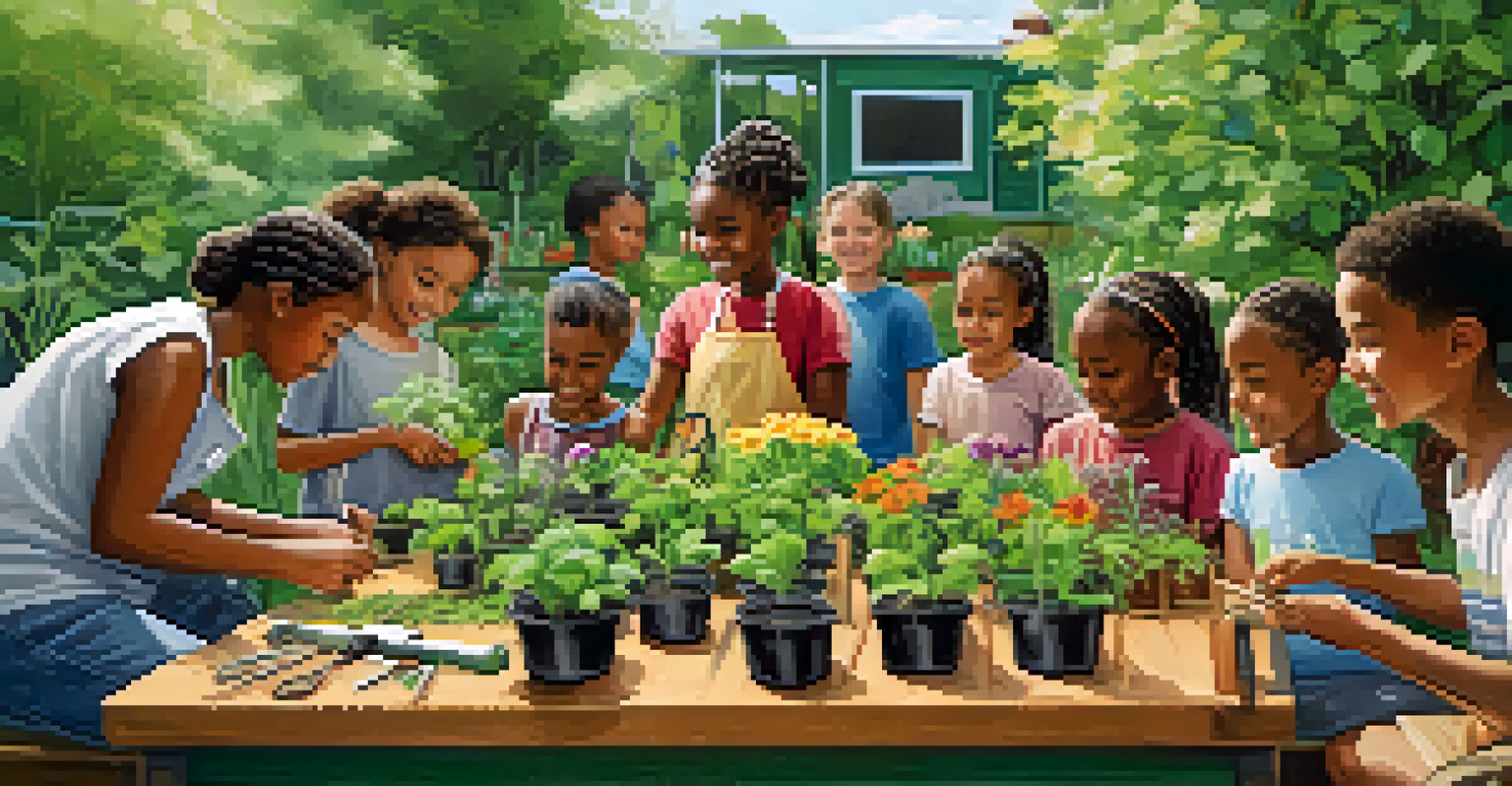 Children and adults participating in a gardening workshop in a vibrant community garden.