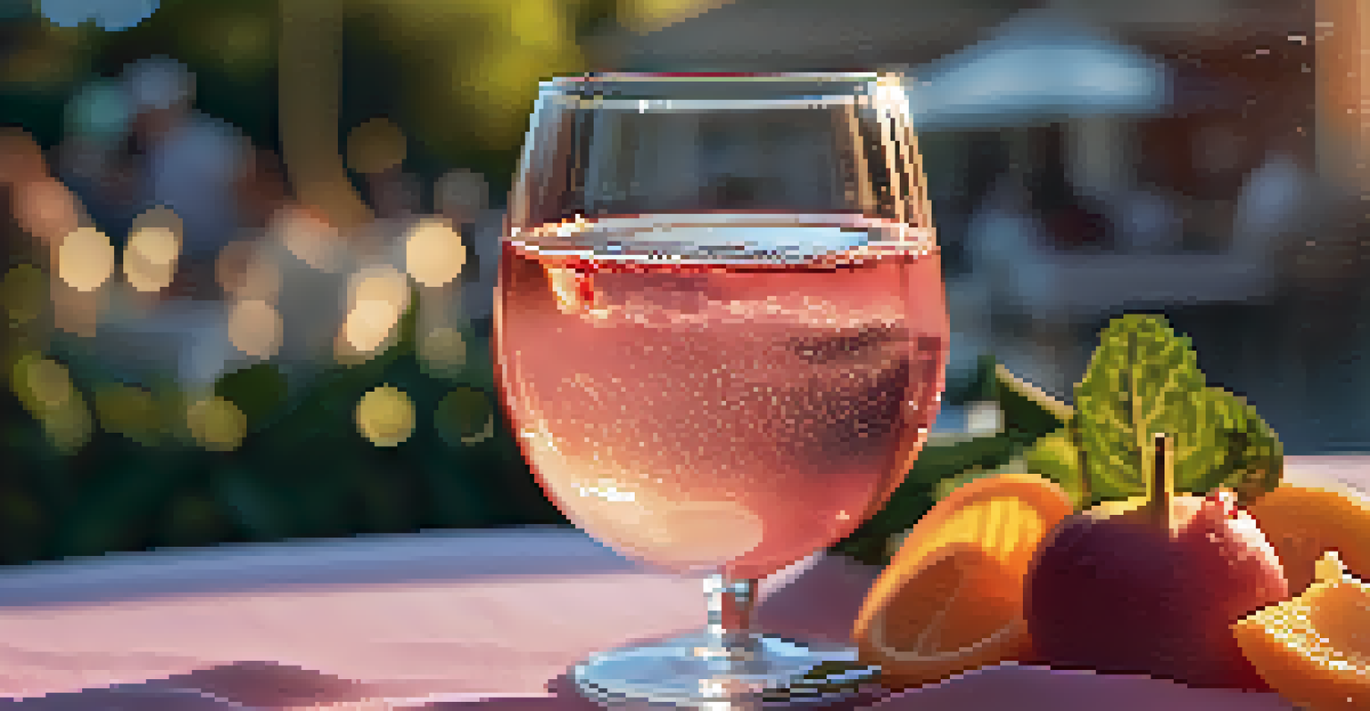 A close-up of a chilled glass of rosé wine next to colorful summer tapas like grilled vegetables and seafood, with sunlight illuminating the scene.