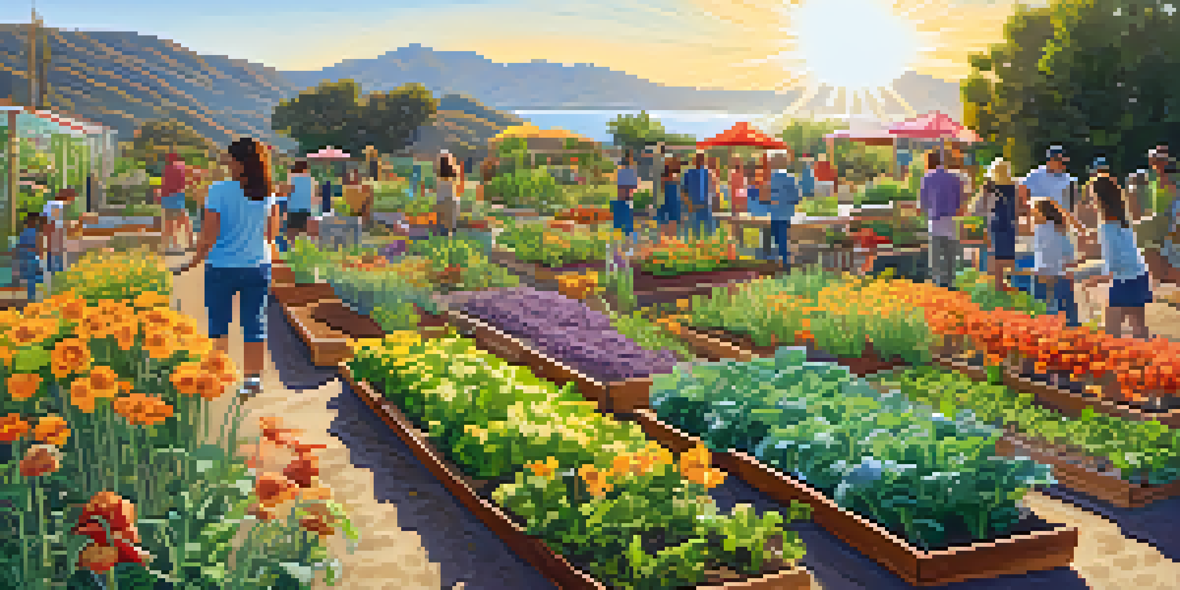 A diverse group of residents tending to a colorful community garden in Malibu under bright sunlight.