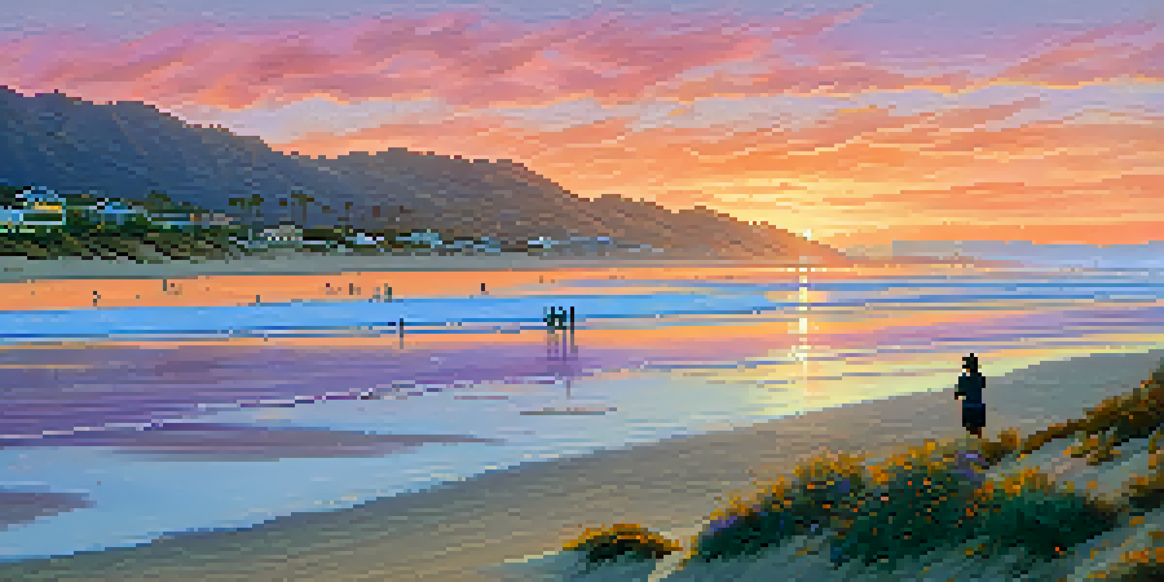 A beautiful sunset over Zuma Beach in Malibu, with people doing yoga on the sand and gentle waves in the background.