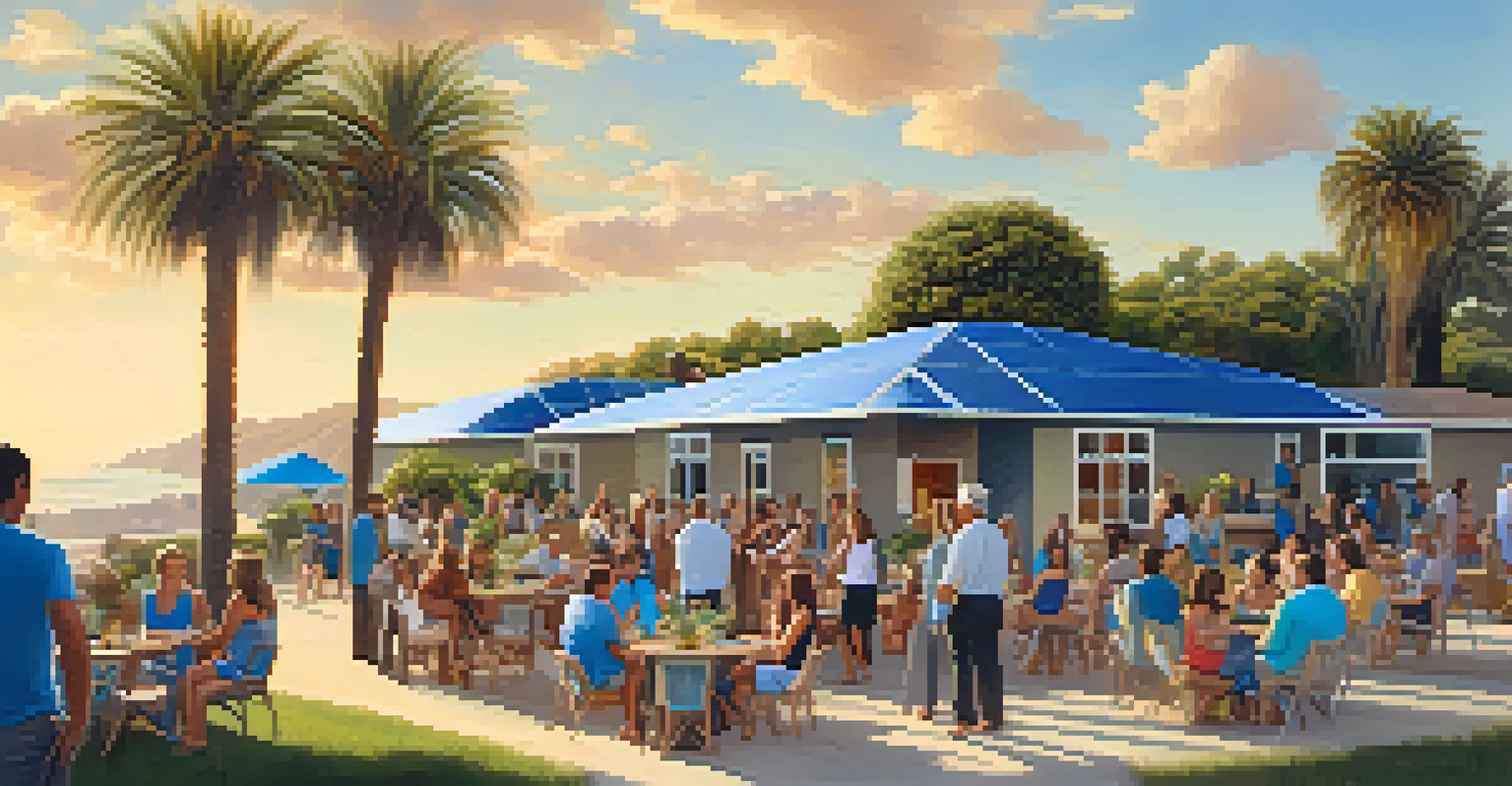 Residents of Malibu gathered to discuss solar energy solutions, with homes and palm trees in the background.
