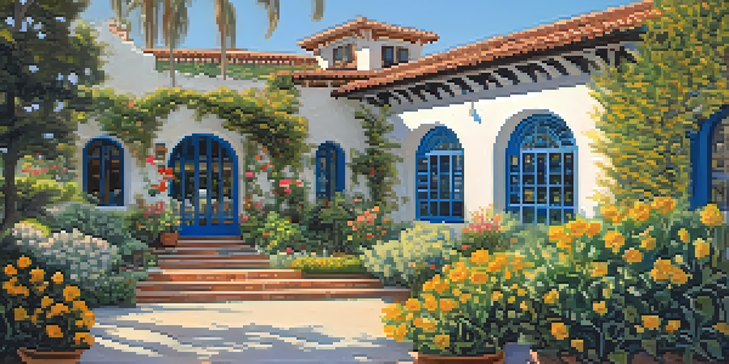A beautiful Spanish Colonial Revival house surrounded by colorful gardens and a clear blue sky.
