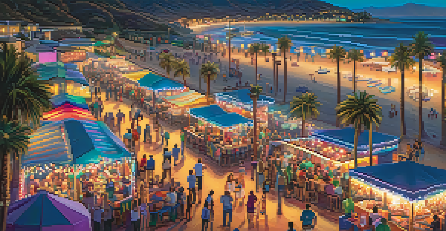 An aerial view of Malibu's Festivals of Lights, featuring colorful light displays and a diverse crowd enjoying the festivities.