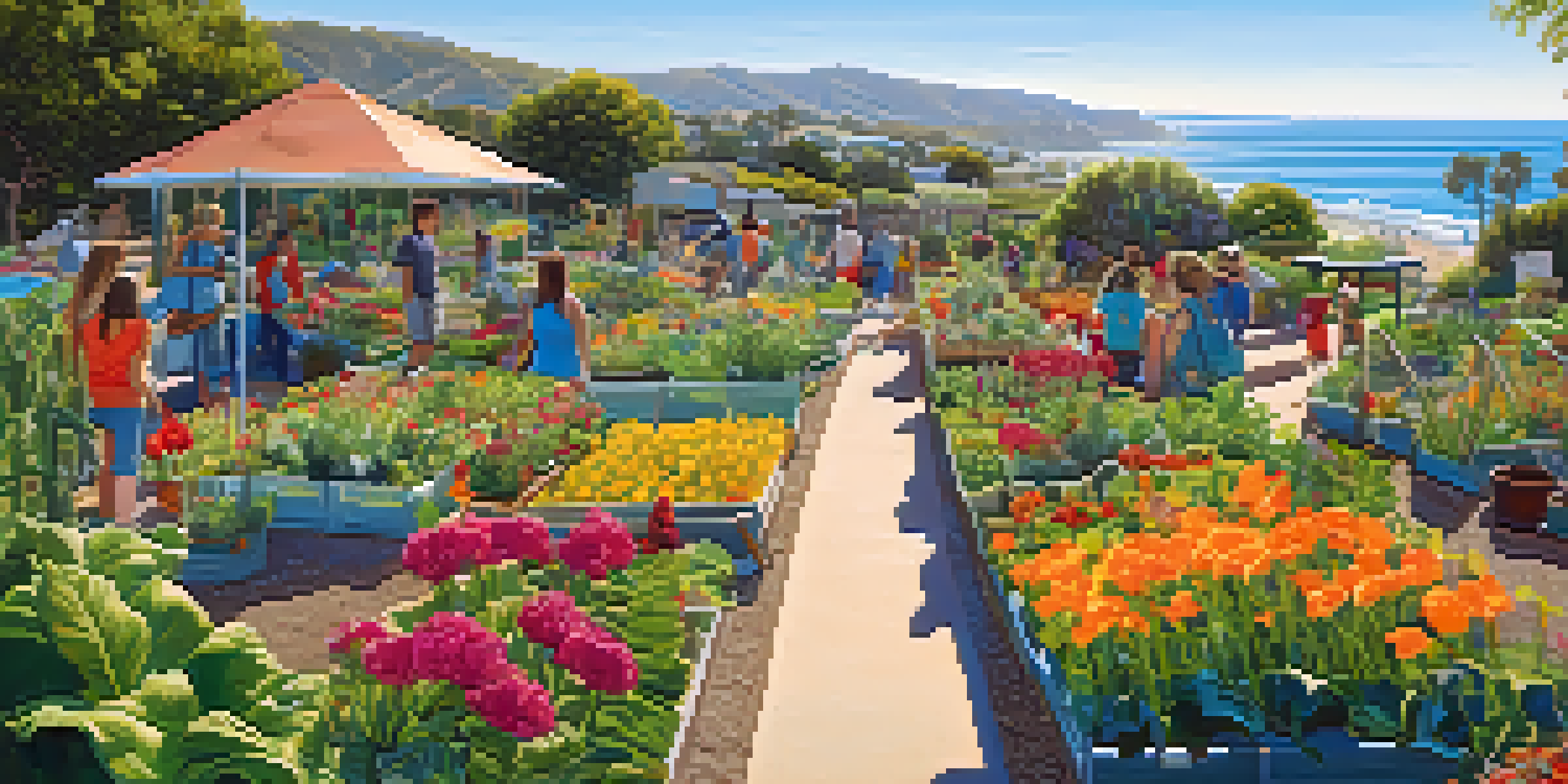 A lively community garden in Malibu with diverse plants and residents gardening under a sunny sky.