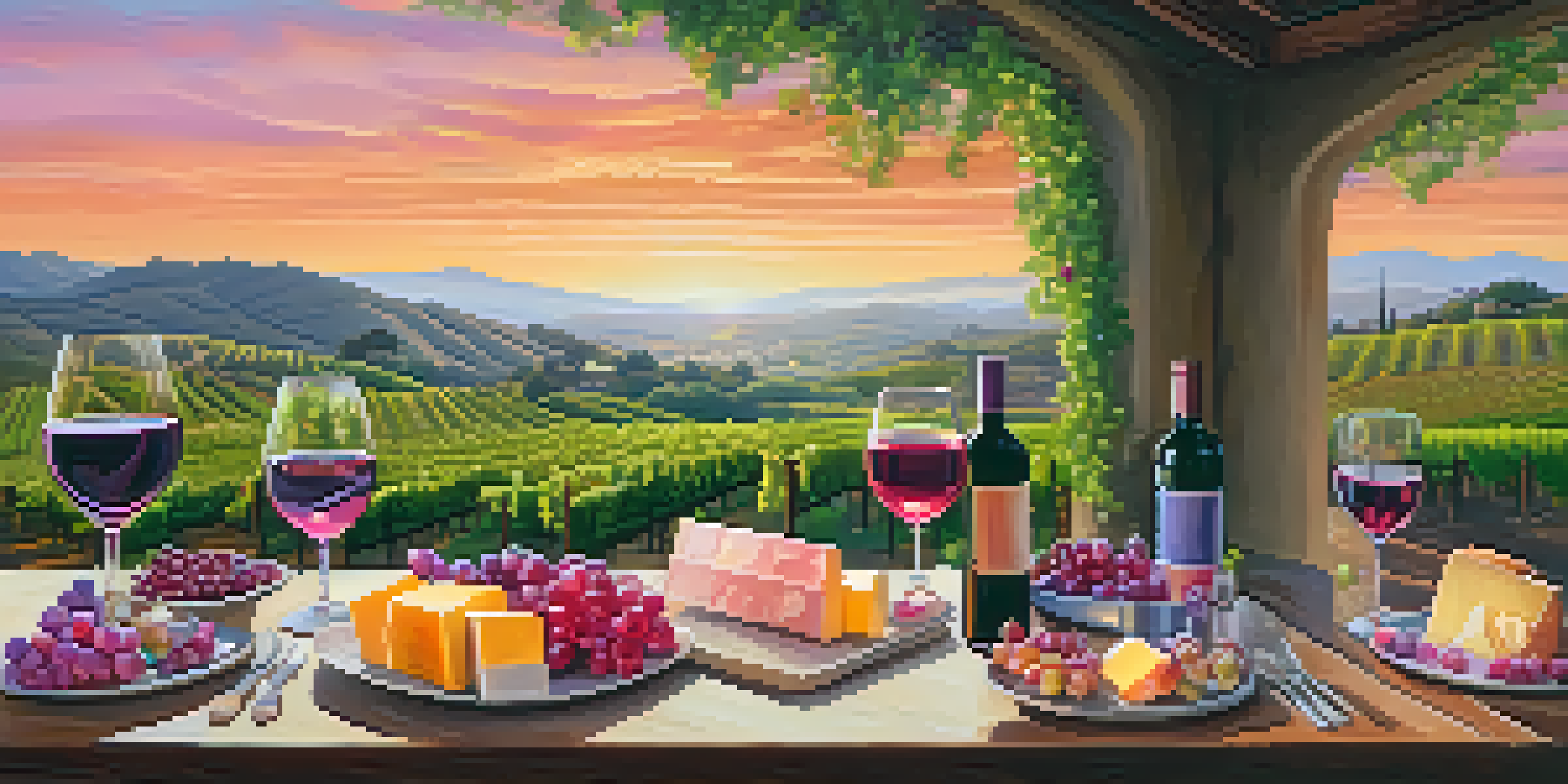 A scenic view of Malibu's vineyards at sunset, with a wooden table set for wine tasting.