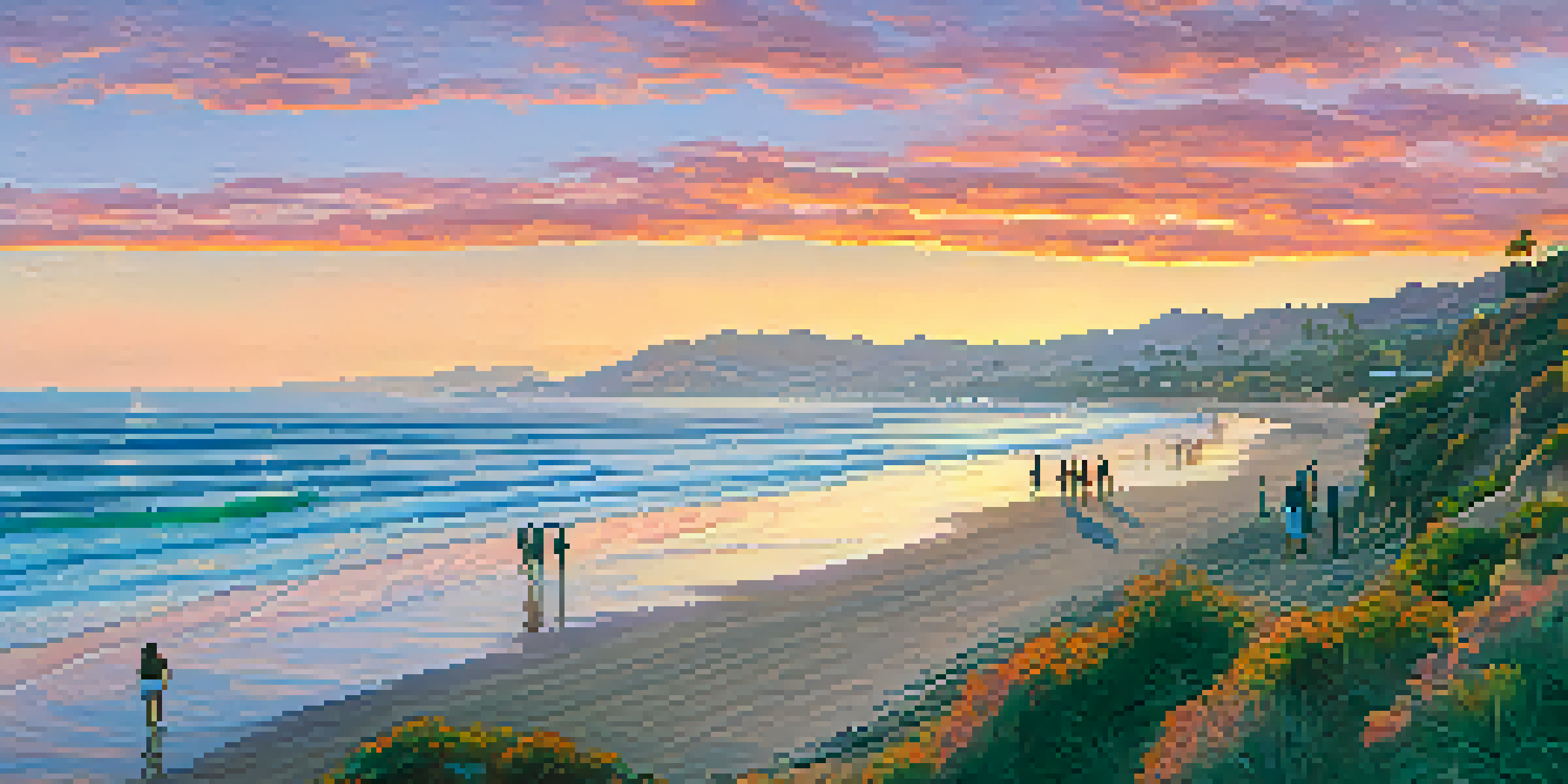 A scenic sunset over Malibu's coastline, showing a clean beach with people engaged in a cleanup effort.