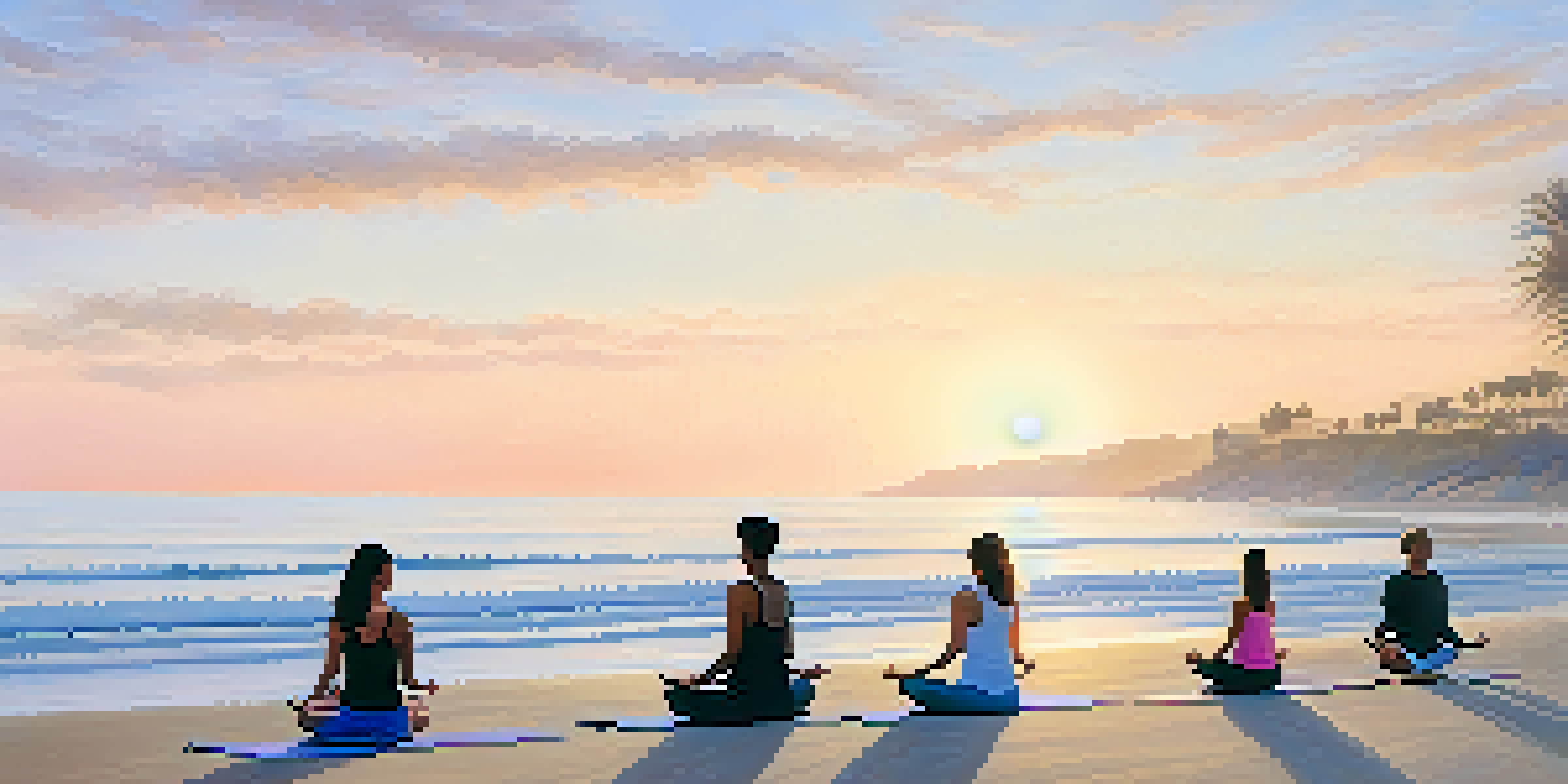 A group of people practicing yoga on a sandy beach at sunrise, with soft pastel skies and calm ocean waves.