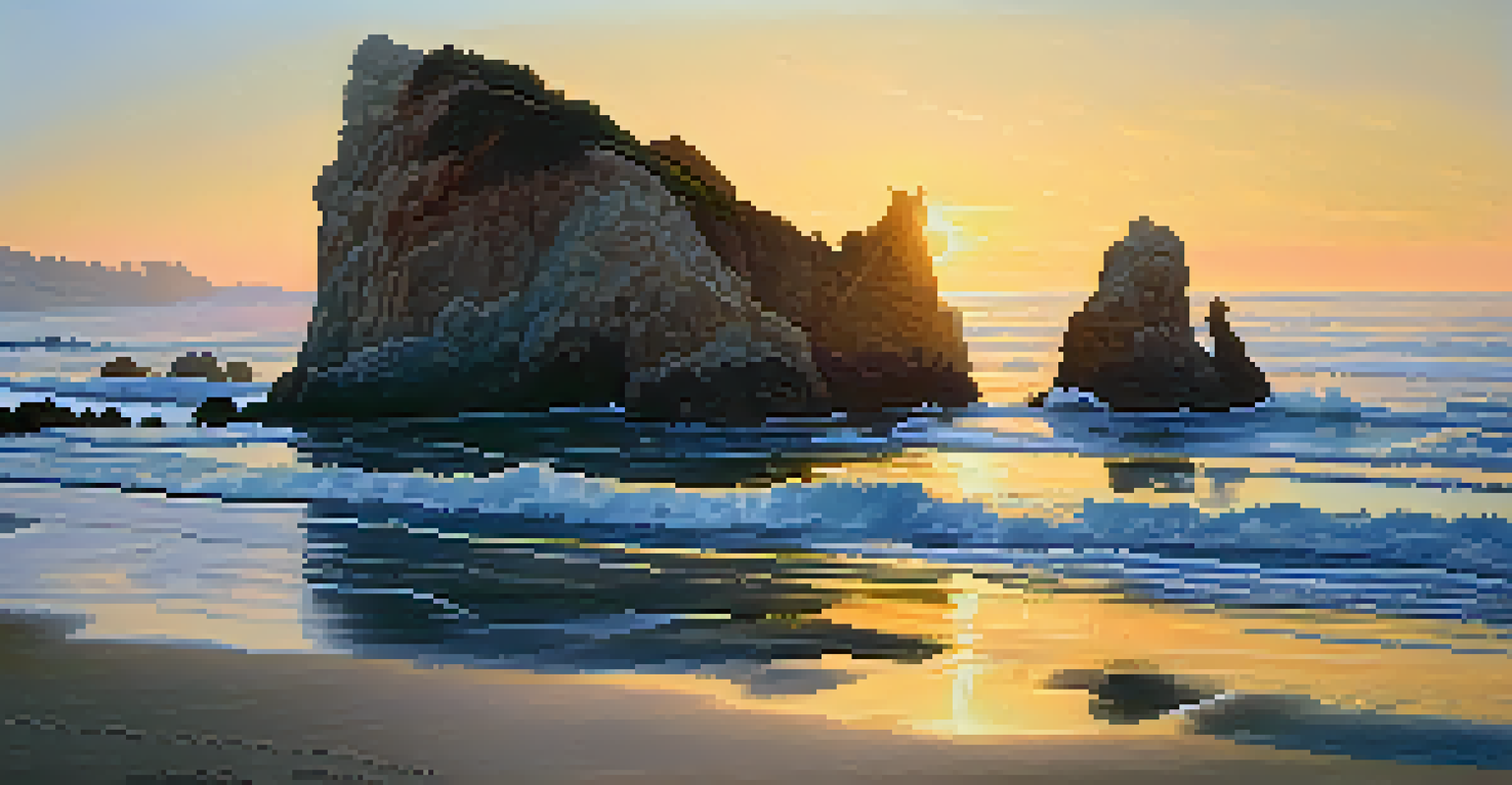 A peaceful sunrise at El Matador Beach with dramatic rocks and calm waters.