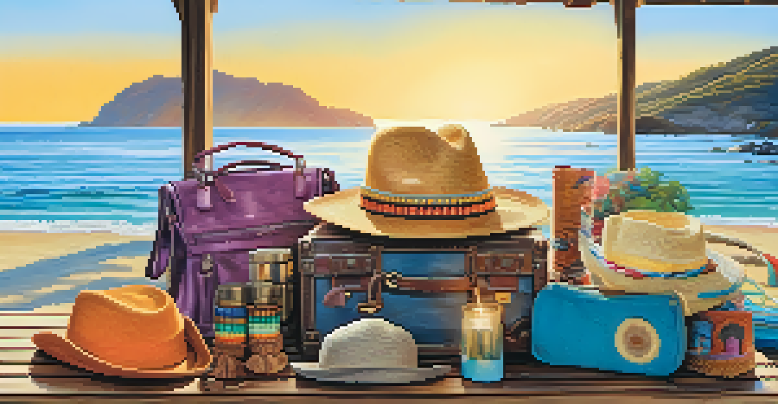 Close-up of artisan accessories including bracelets and a hat on a wooden table, with an ocean view in the background.